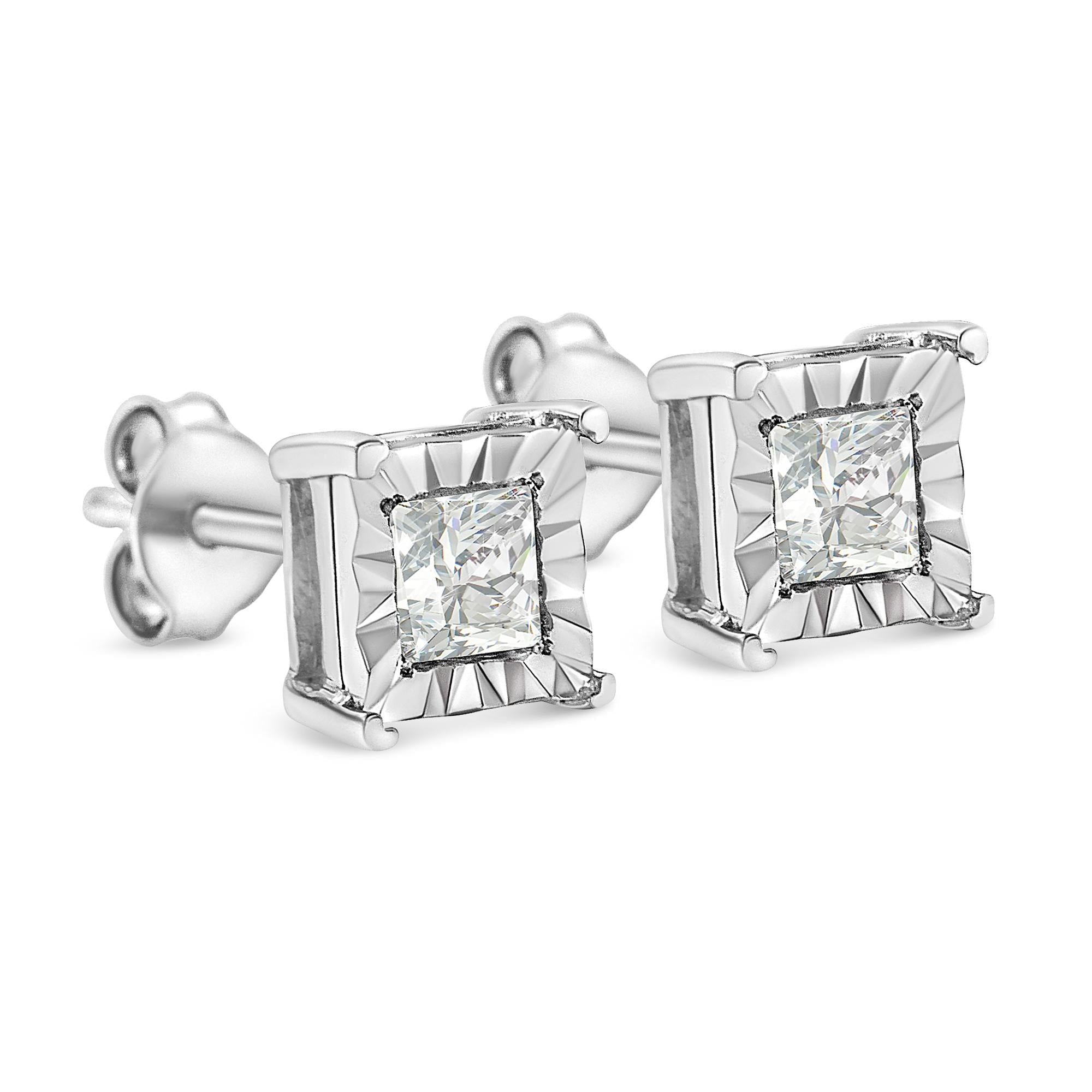 Aretes solitarios de diamantes de talla princesa engastados en plata de ley 925 (color IJ, claridad SI1-SI2) - Friggin Jewelry