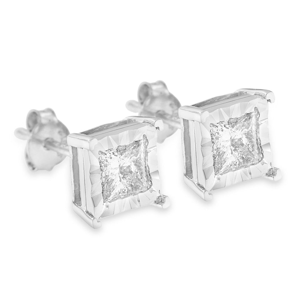 Pendientes solitarios de diamantes de talla princesa engastados en plata de ley 925 (color HI, claridad SI2-I1) - Friggin Jewelry