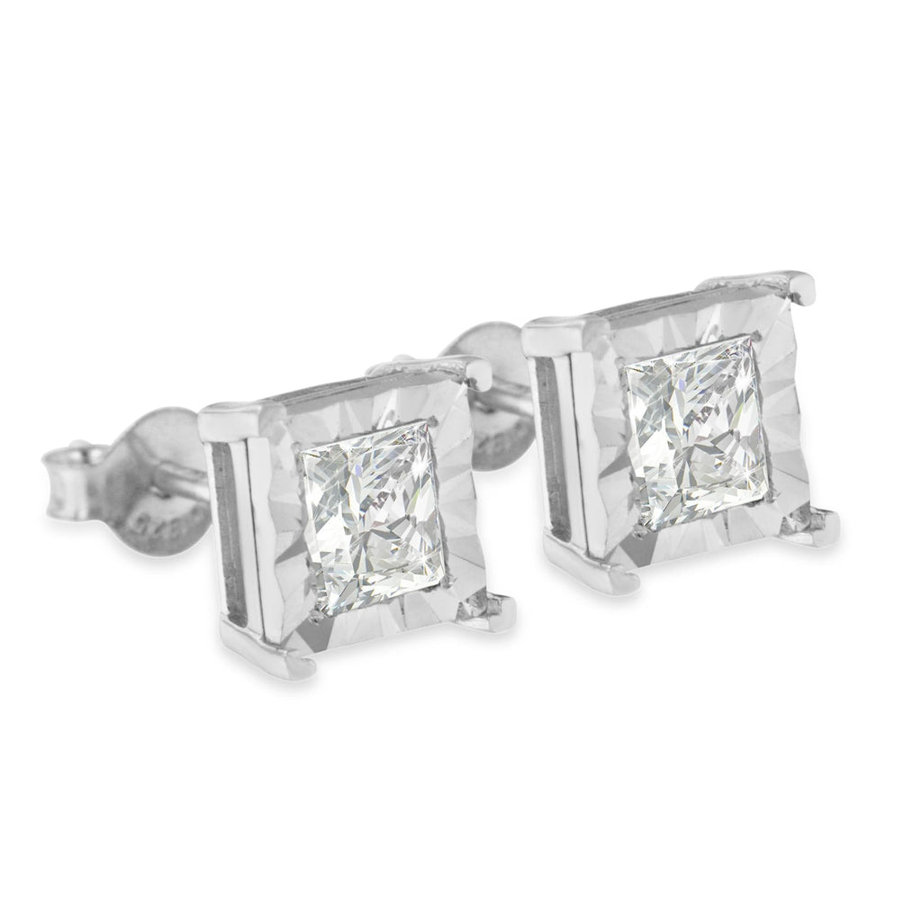 Pendientes solitarios de diamantes de talla princesa engastados en plata de ley 925 (color HI, claridad I2-I3) - Friggin Jewelry