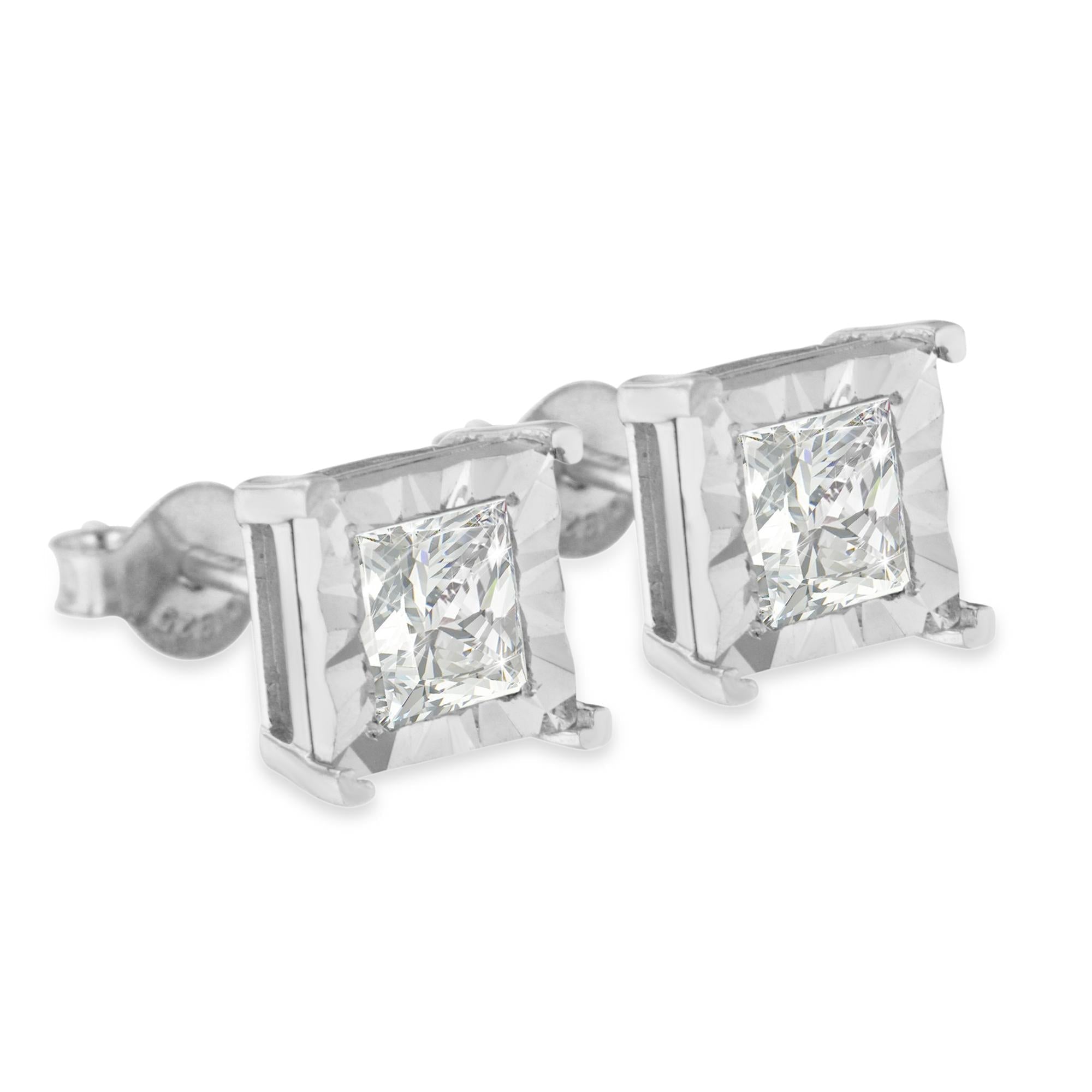 Pendientes solitarios de diamantes de talla princesa engastados en plata de ley 925 (color HI, claridad I2-I3) - Friggin Jewelry