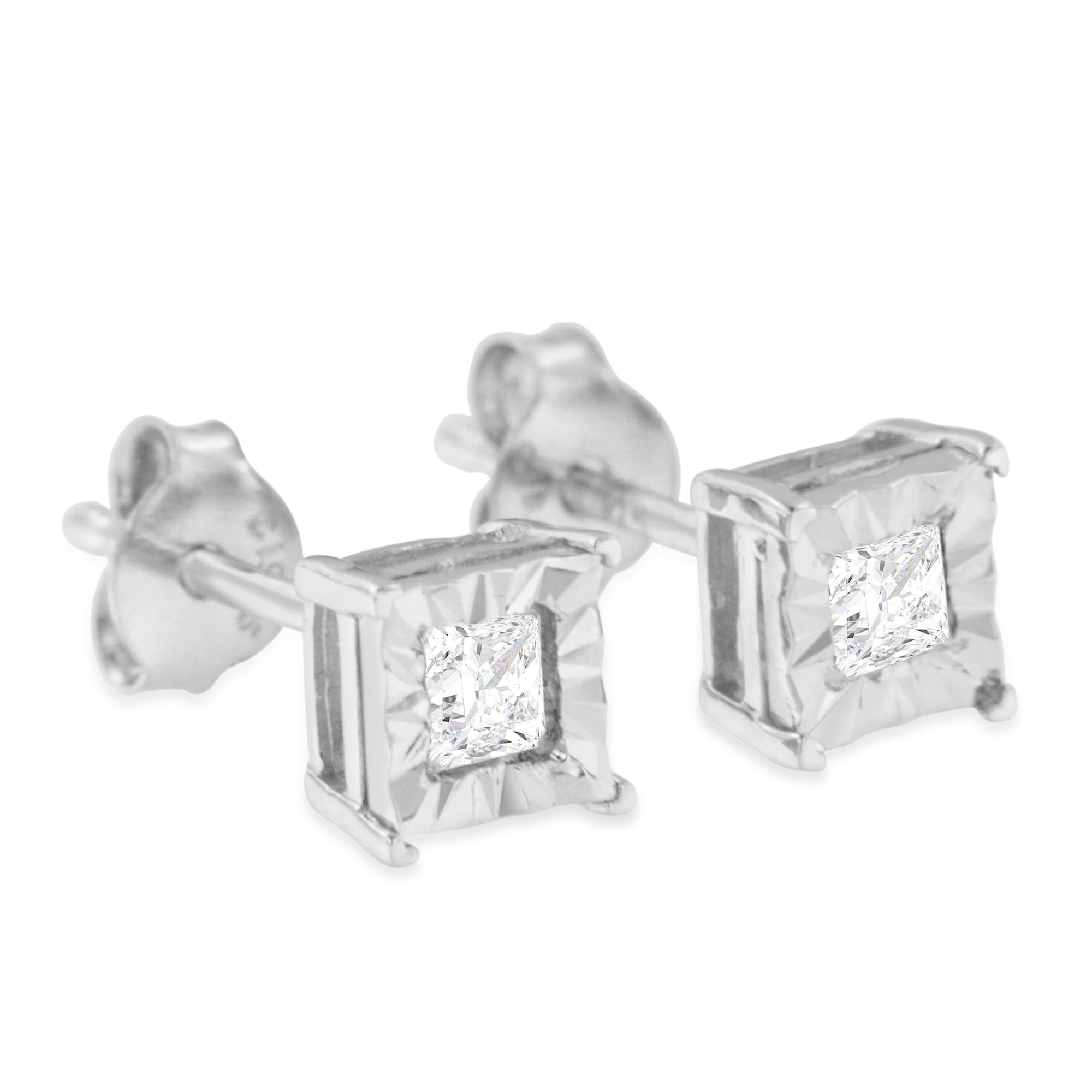 Aretes solitarios de diamantes de talla princesa engastados en plata de ley 925 (color IJ, claridad SI1-SI2) - Friggin Jewelry