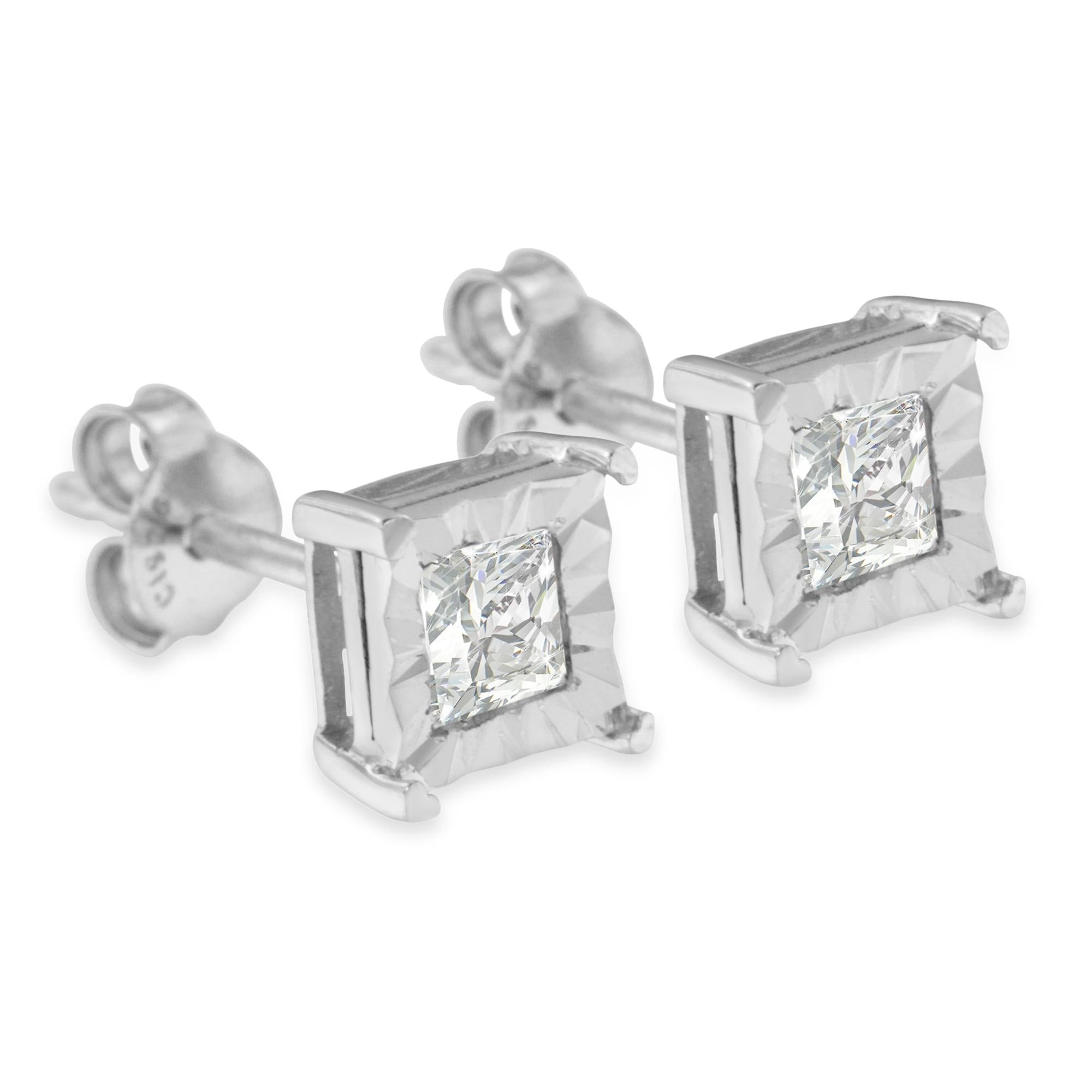 Pendientes solitarios de diamantes de talla princesa engastados en plata de ley 925 (color HI, claridad SI2-I1) - Friggin Jewelry