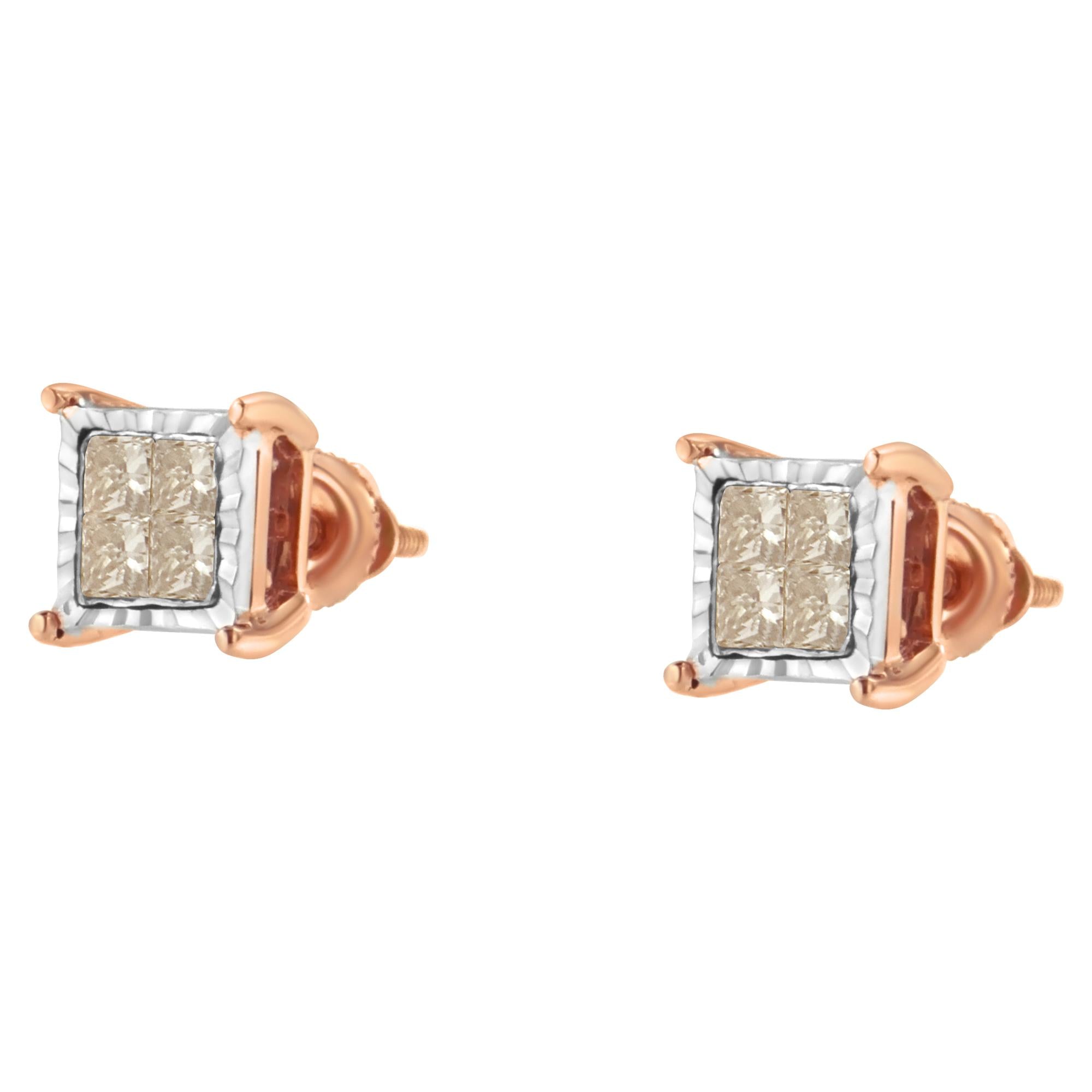 Aretes de diamantes compuestos de talla princesa de dos tonos de 10 quilates (1/2 ct, color JK, claridad I1-I2) - Friggin Jewelry