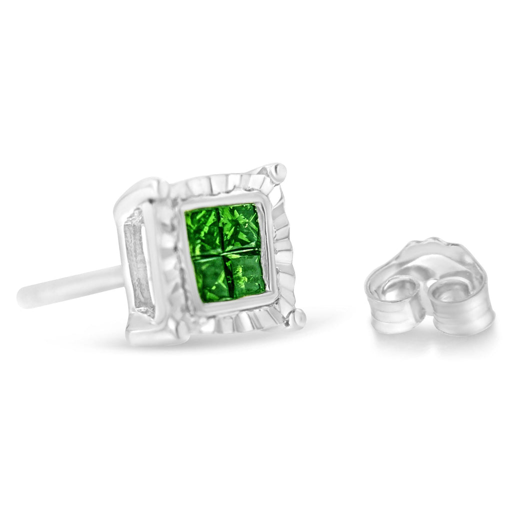 Sterling Silver Color Treated Princess Diamond Quad Stud Earring (1/2 cttw, Green Color, I1-I2 Clarity) - Friggin Jewelry