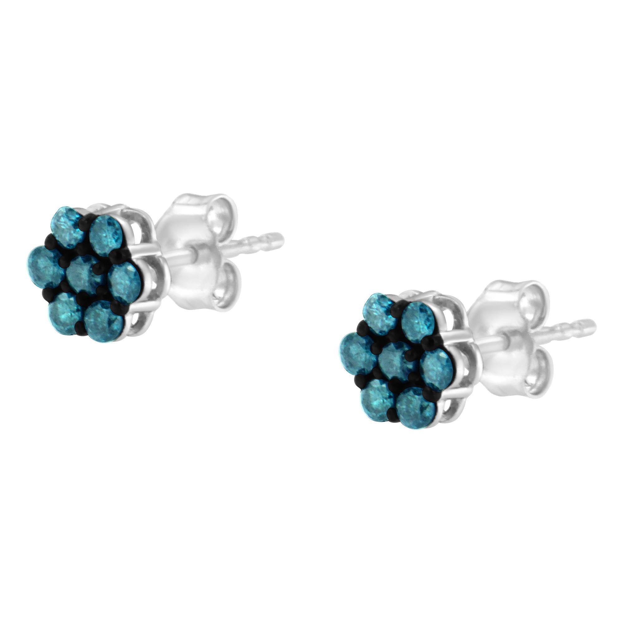 Sterling Silver Treated Blue Diamond Floral Stud Earrings (0.5 cttw, Blue Color, I2-I3 Clarity) - Friggin Jewelry