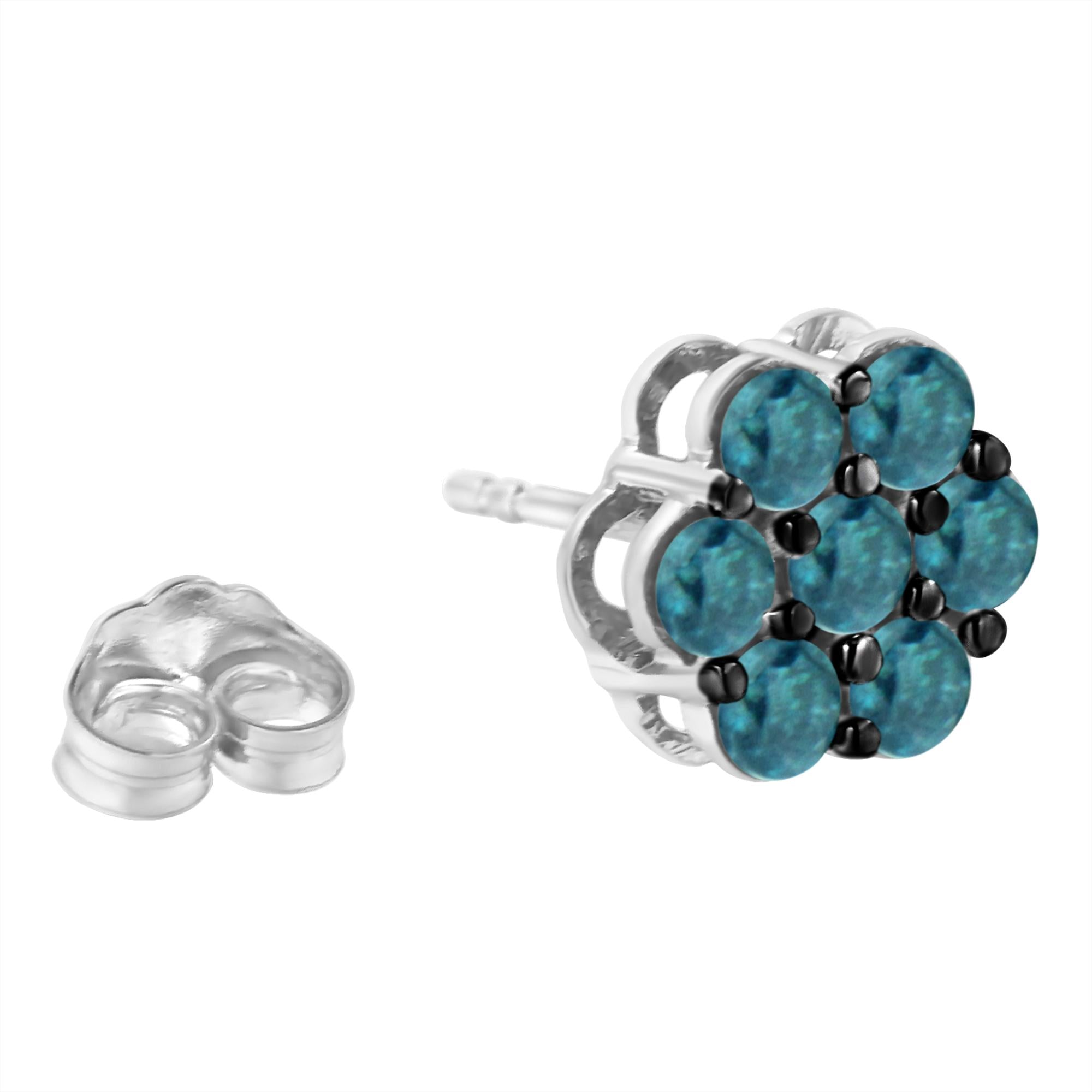 Pendientes de plata de ley con diseño floral de diamantes azules tratados (1 ct, color azul, claridad I2-I3) - Friggin Jewelry