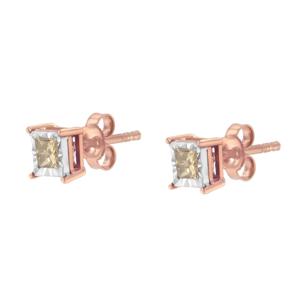 Aretes solitarios de 1/2 ct con diamantes cuadrados de talla princesa y baño de oro rosa de 14 quilates en plata de ley 925 de dos tonos (color KL, claridad I2-I3) - Friggin Jewelry