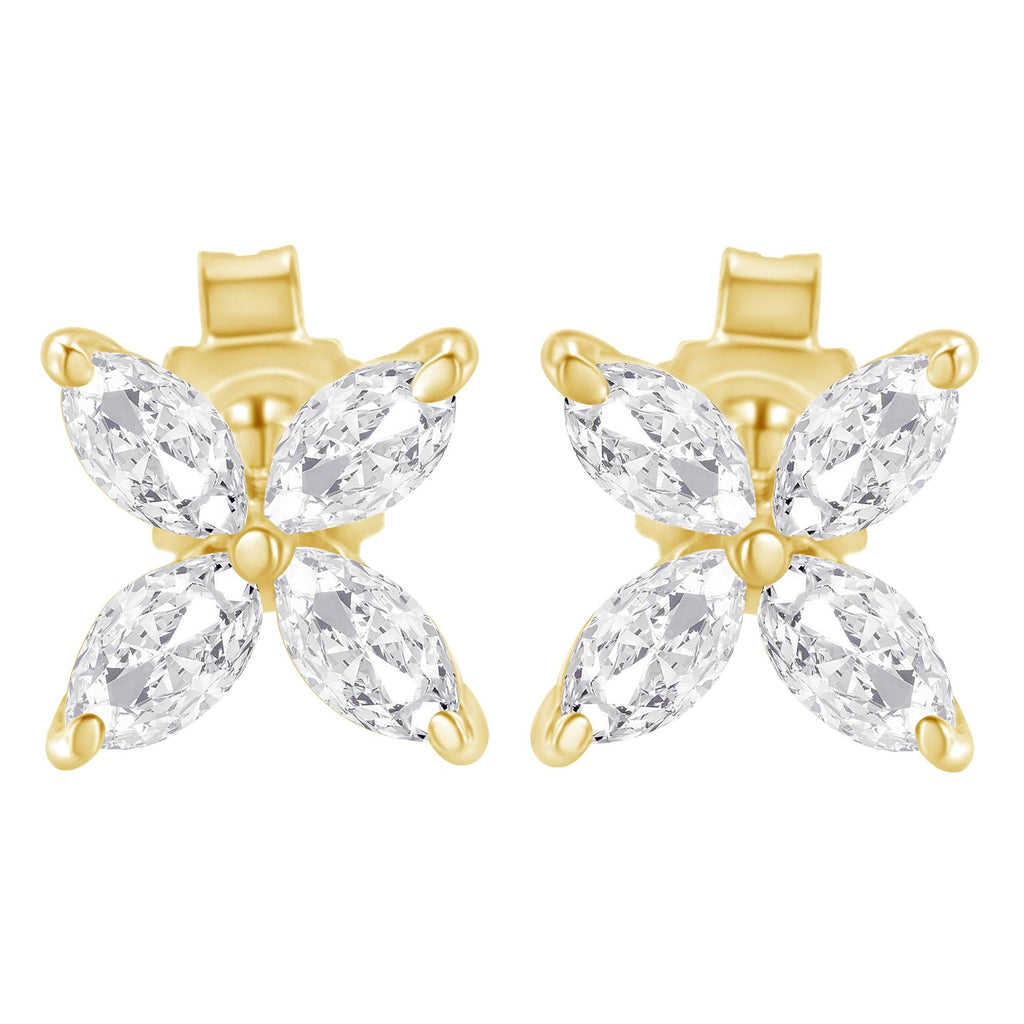 14K Gold Marquise Diamond 8 Stone Floral Leaf Stud Earrings (I-J Color, SI2-I1 Clarity) - Friggin Jewelry