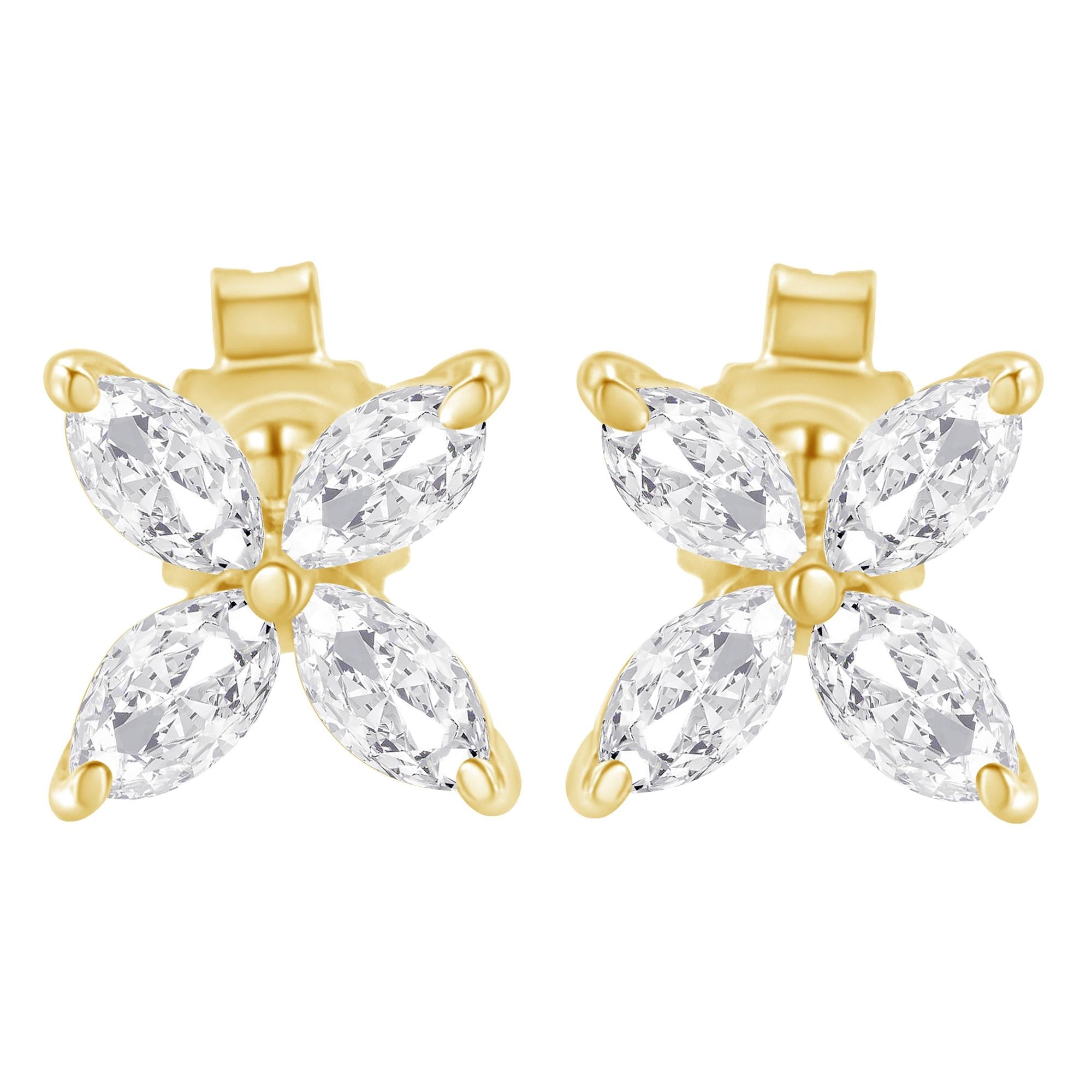 Aretes de oro de 14 quilates con forma de hoja floral y diamantes marquesa de 8 piedras (color IJ, claridad SI2-I1) - Friggin Jewelry