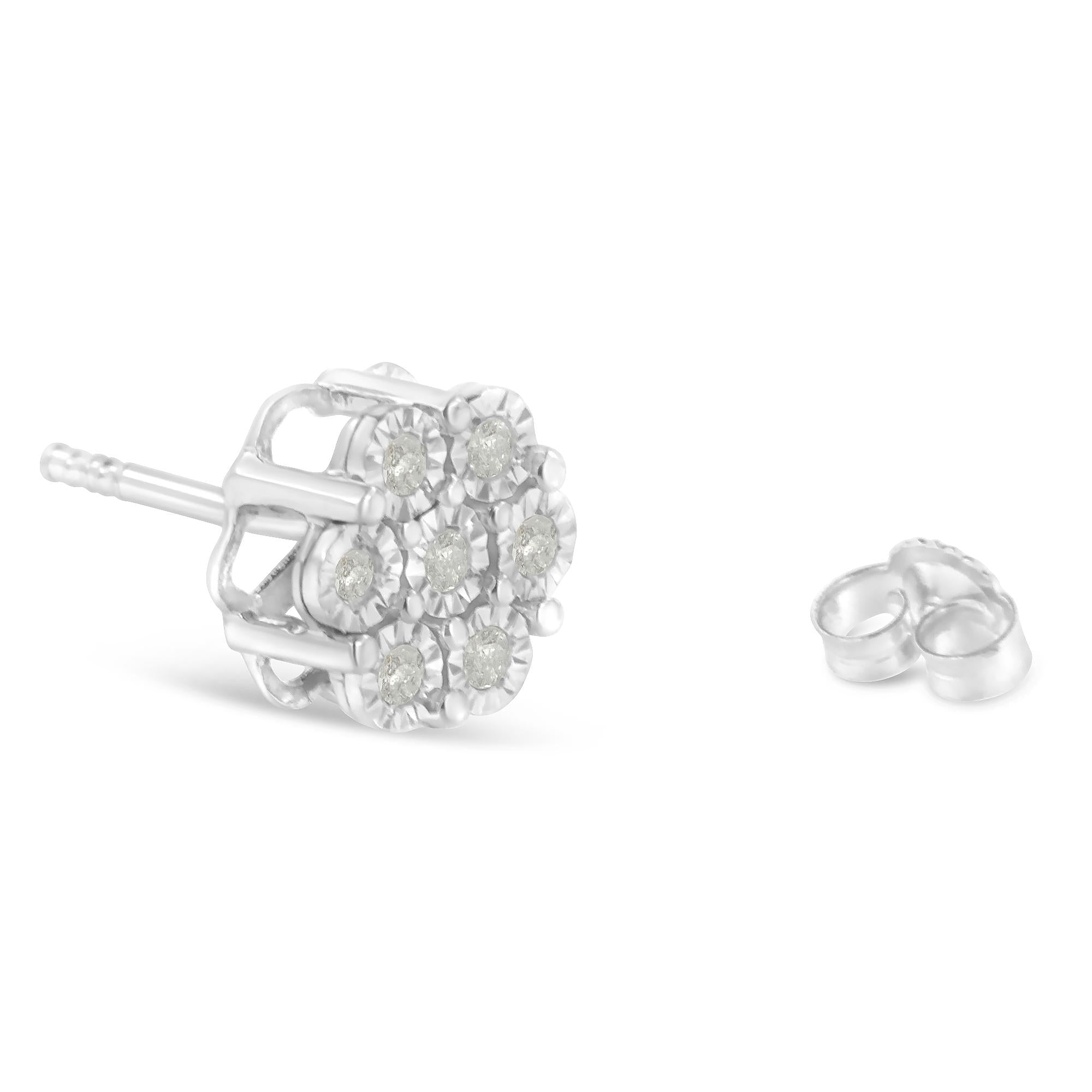 .925 Sterling Silver 1/4 Cttw Round-Cut Diamond Miracle-Set Floral Cluster Button Stud Earrings (I-J Color, I3 Clarity) - Friggin Jewelry