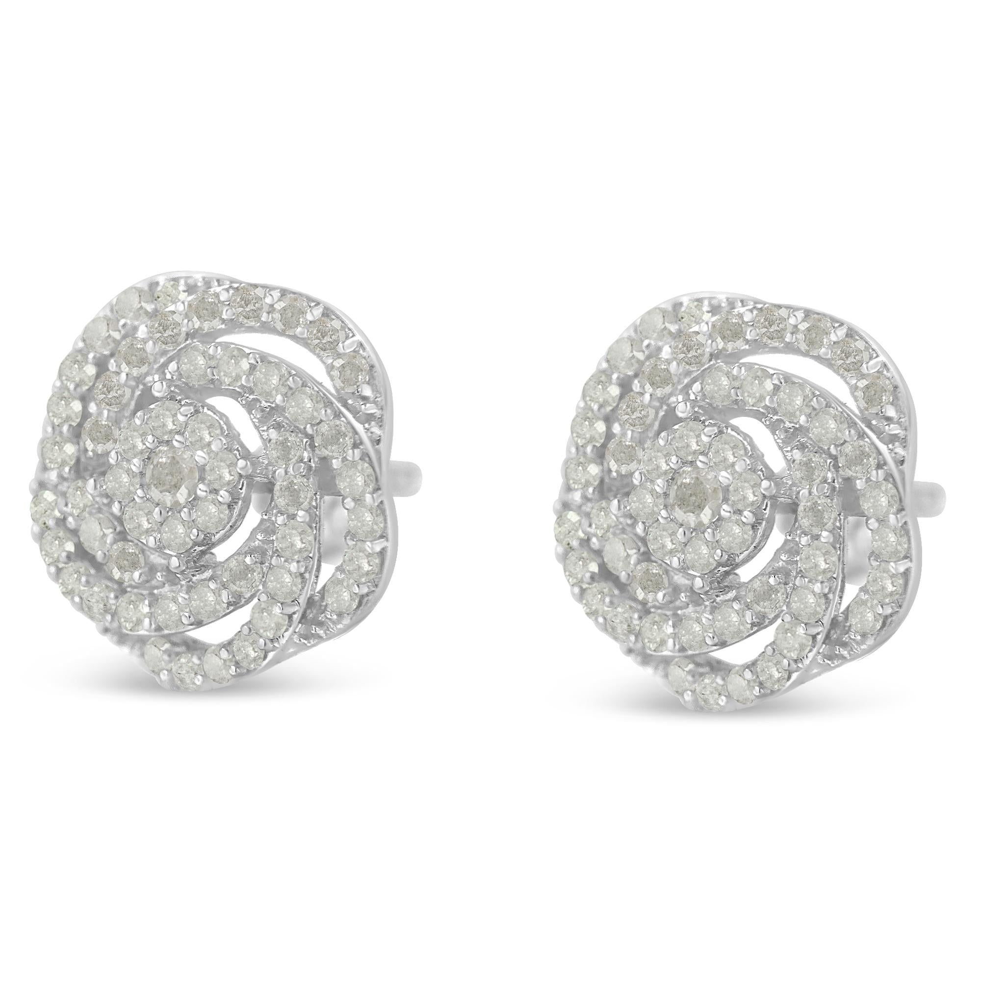 Aretes de oro blanco de 10 k con diamantes de talla rosa y racimo floral (1 ct, color IJ, claridad I2-I3) - Friggin Jewelry