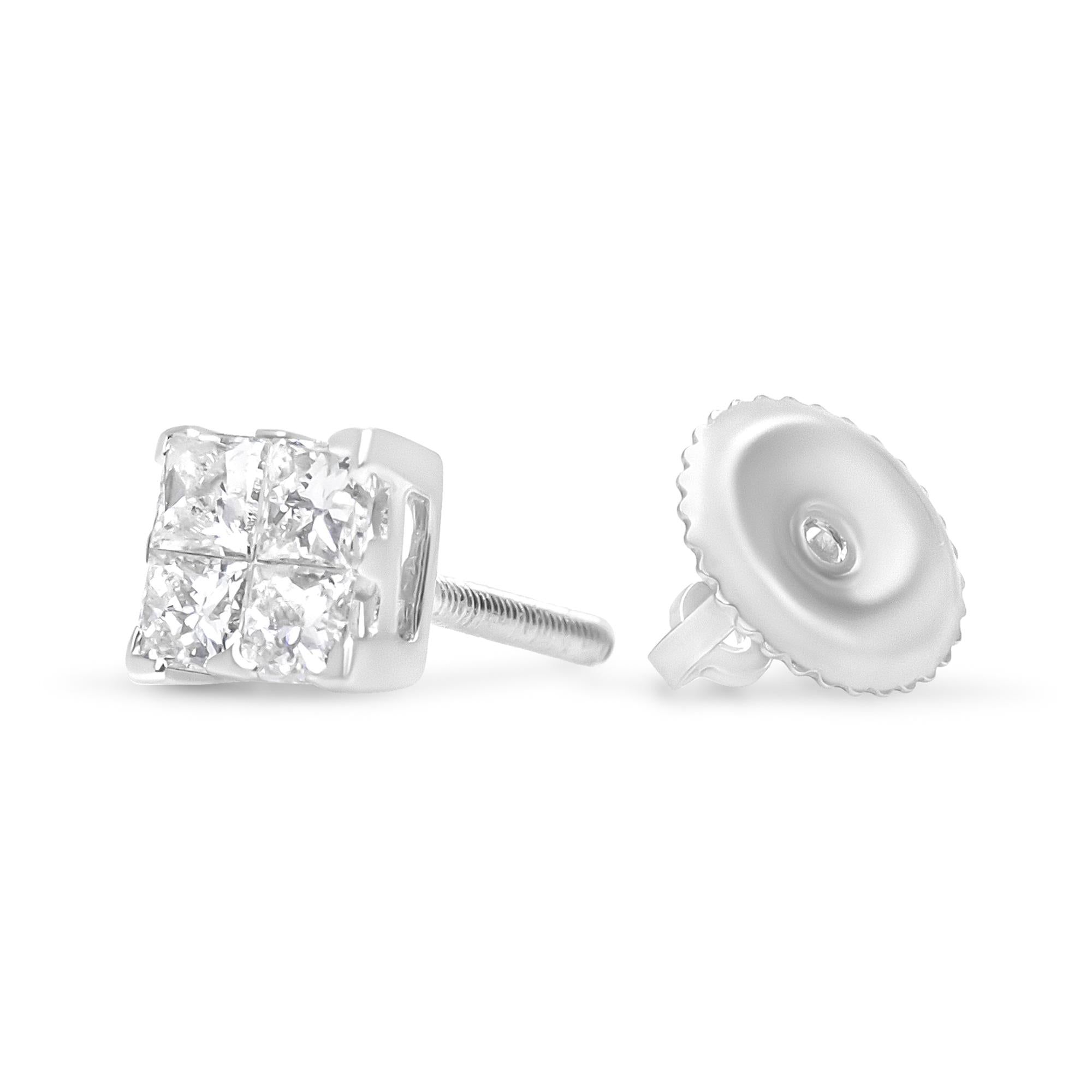 .925 Sterling Silver 5/8 Cttw Princess Cut Diamond Invisible Set Quad Composite Stud Earrings (I-J Color, I2-I3 Clarity) - Friggin Jewelry