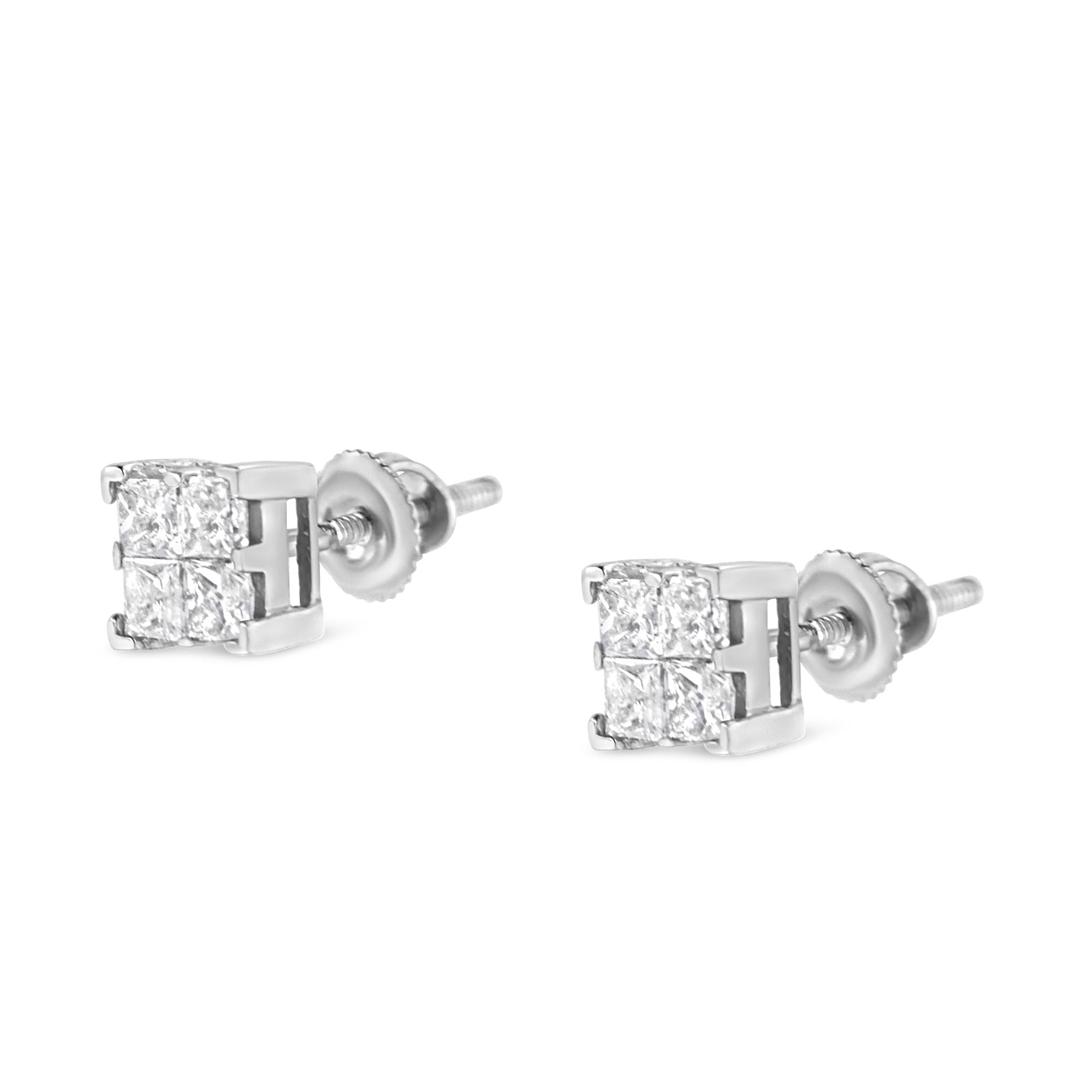 10K White Gold 3/4 Cttw Invisible Set Princess-Cut Diamond Composite Square Stud Earrings (H-I Color, SI2-I1 Clarity) - Friggin Jewelry