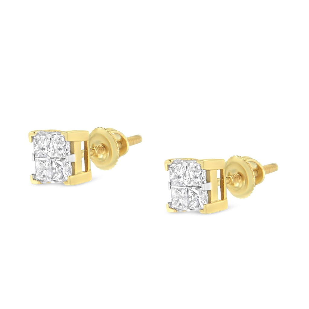 Aretes de oro amarillo de 14 quilates con diamantes de talla princesa de 3/4 quilates y 4 piedras cuadradas engastadas invisibles (color JK, claridad SI2-I1) - Friggin Jewelry