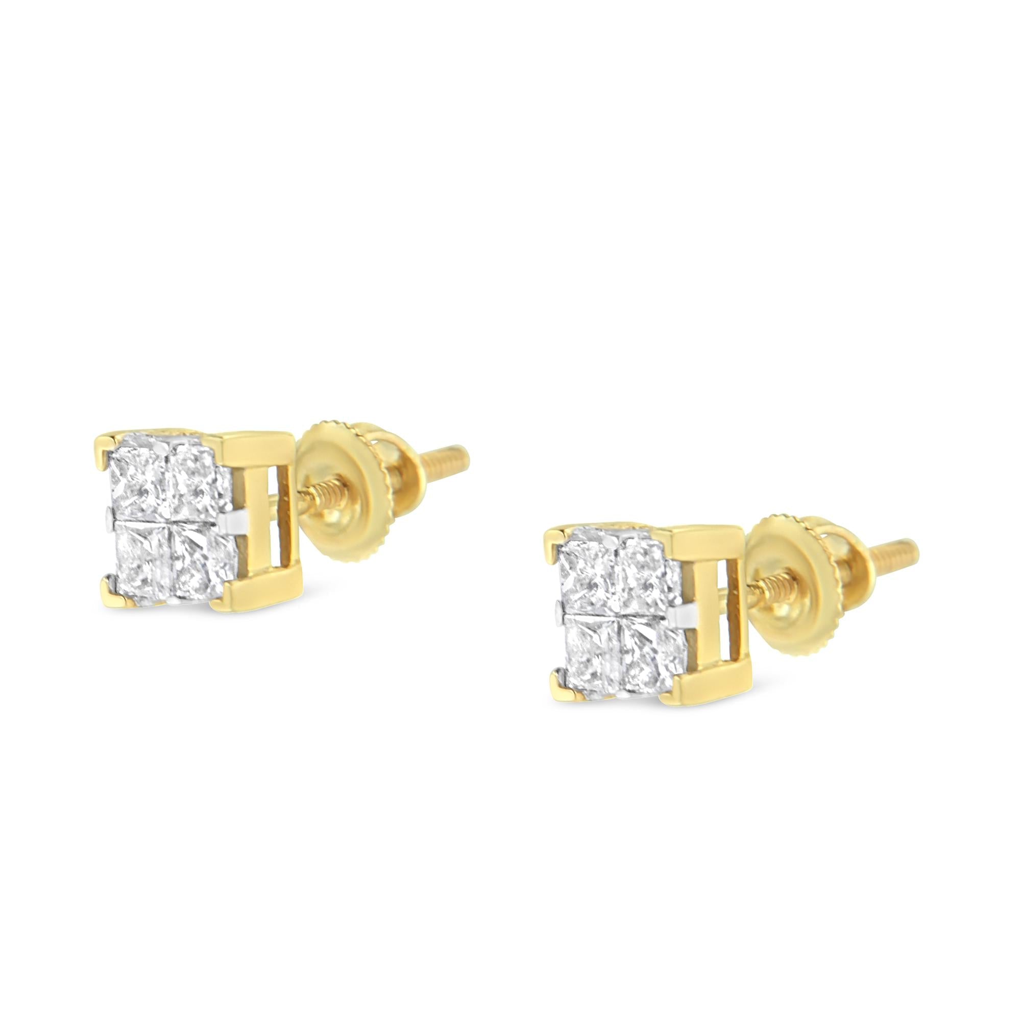 10K Yellow Gold 3/4 Cttw Invisible Set Princess-Cut Diamond Composite Square Stud Earrings (I-J Color, I2-I3 Clarity) - Friggin Jewelry