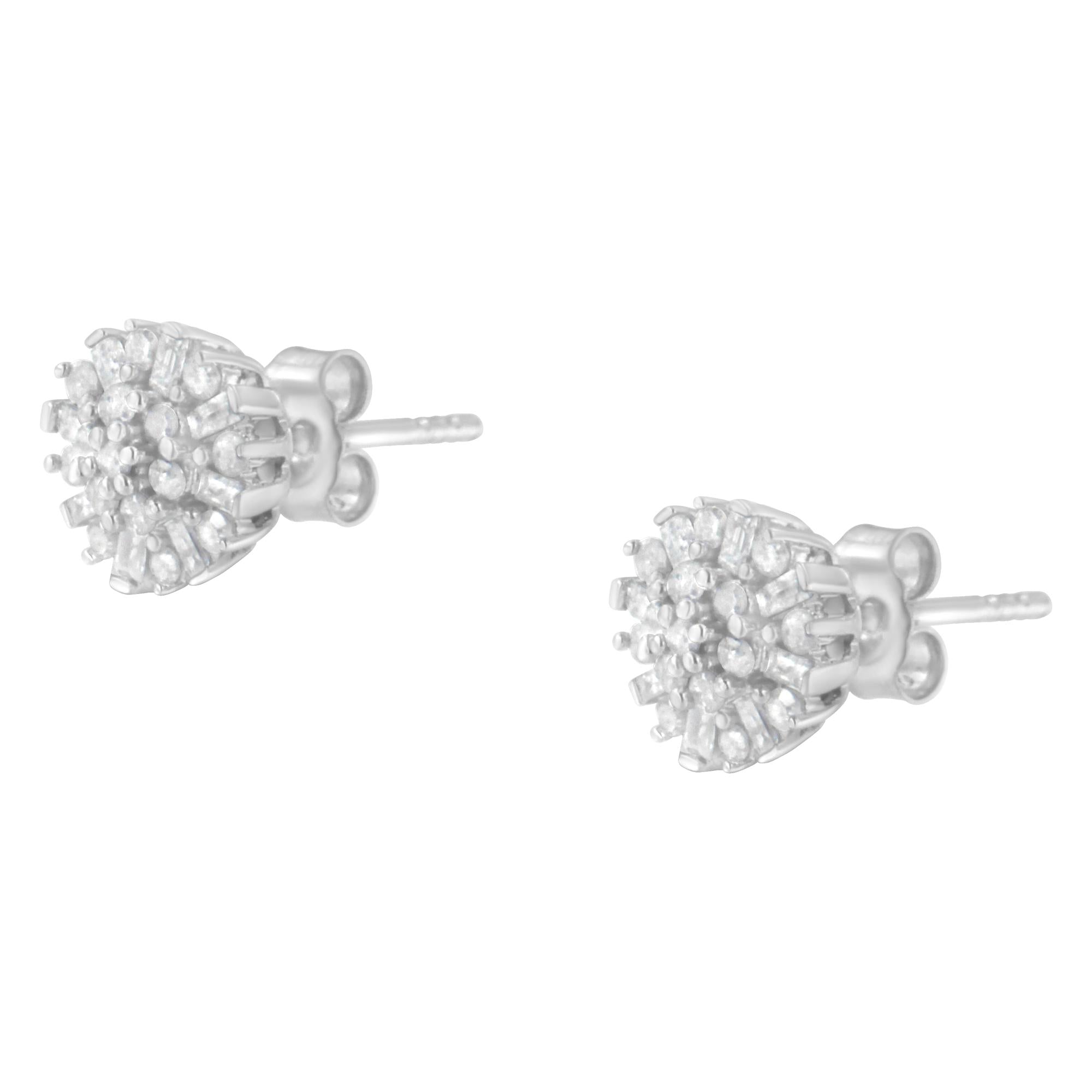 .925 Sterling Silver 1/2 Round and Baguette Diamond Sunburst Floral Cluster Stud Earrings (I-J Color, I3 Clarity) - Friggin Jewelry