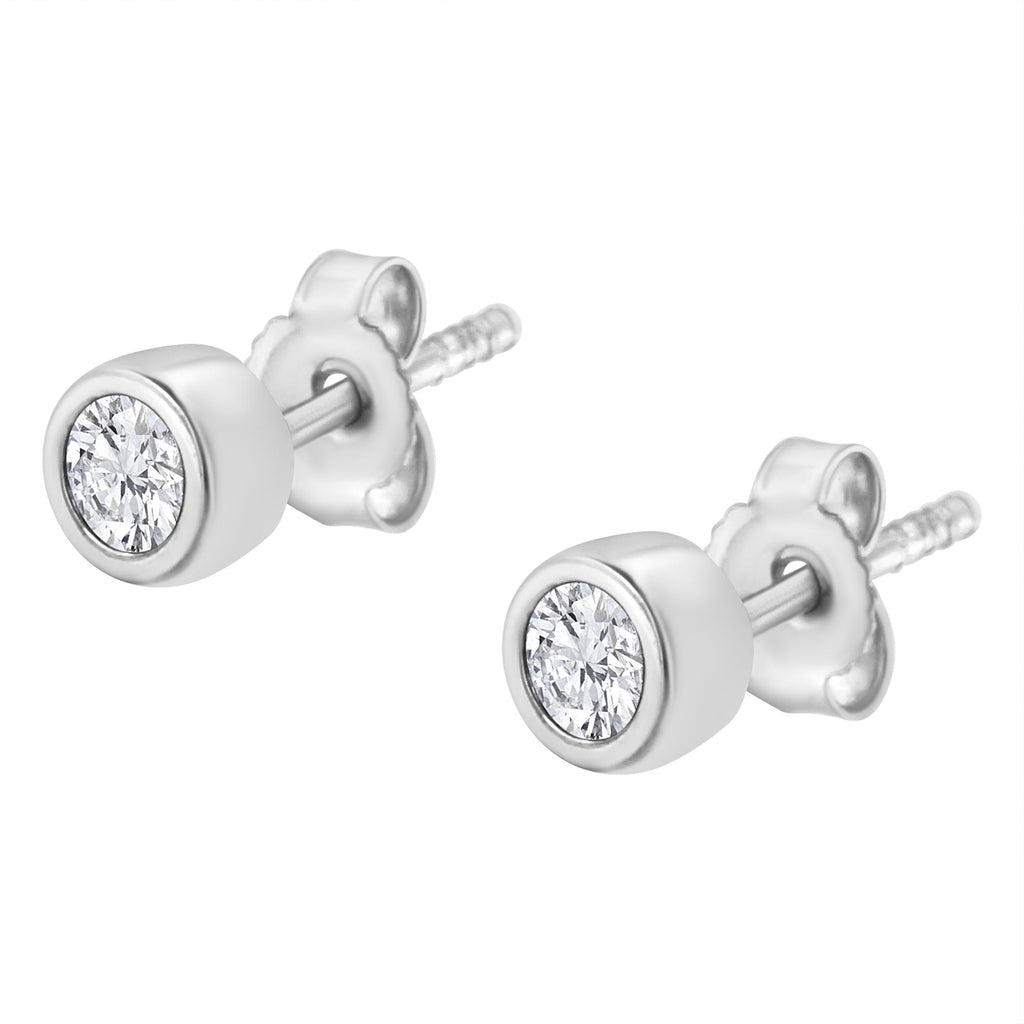 10K White Gold 1/5 Cttw Round Brilliant-Cut Near Colorless Diamond Bezel-Set Stud Earrings (H-I Color, I1-I2 Clarity) - Friggin Jewelry