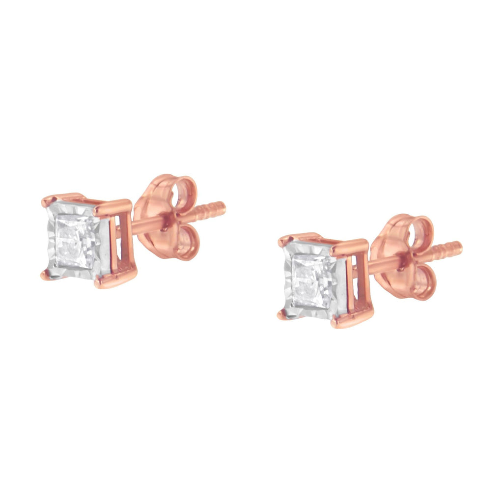 14K Rose Gold Plated Two-Tone .925 Sterling Silver 1/2 Cttw Princess-Cut Square Near Colorless Diamond Solitaire Miracle-Plate Stud Earrings (J-K Color, I2-I3 Clarity) - Friggin Jewelry