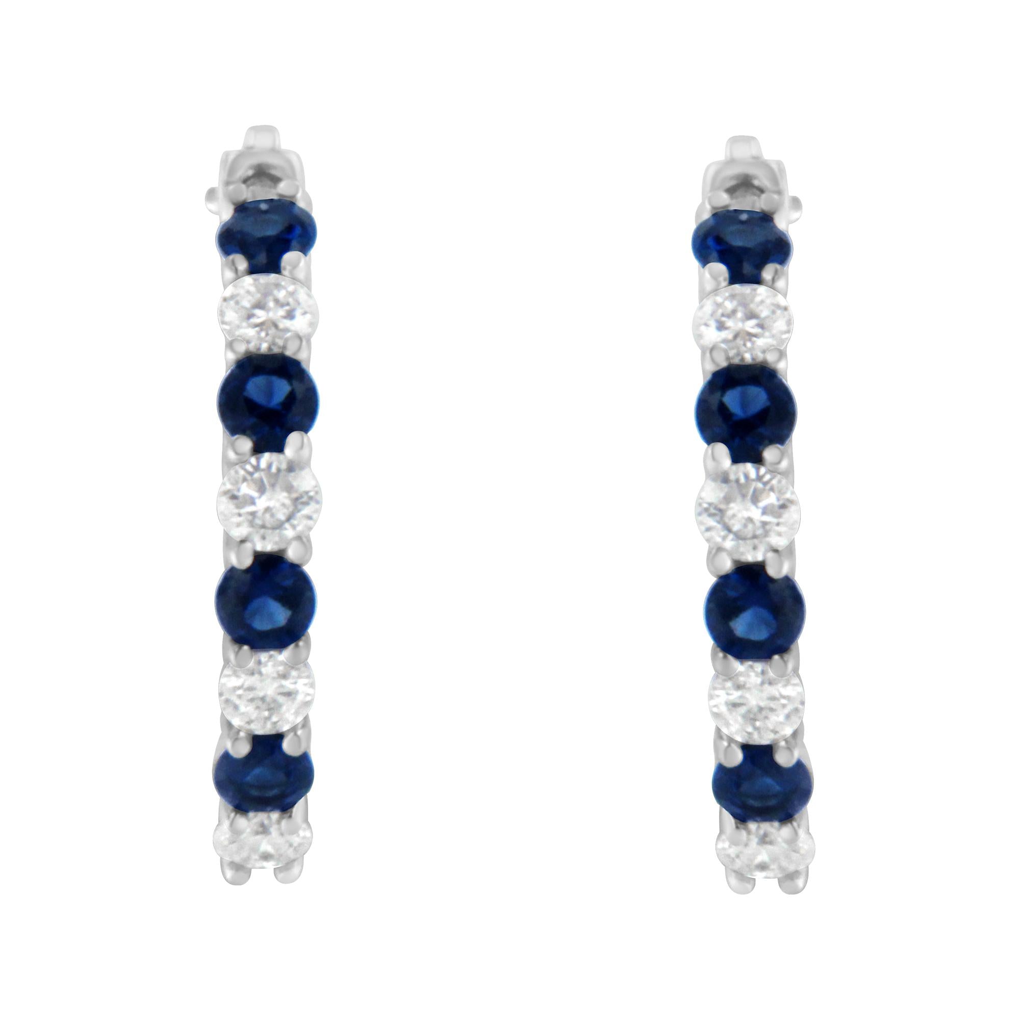 Aros de oro blanco de 10 quilates con zafiro de 2,5 mm y diamante de 1/2 quilates (color HI, claridad I1-I2) - Friggin Jewelry