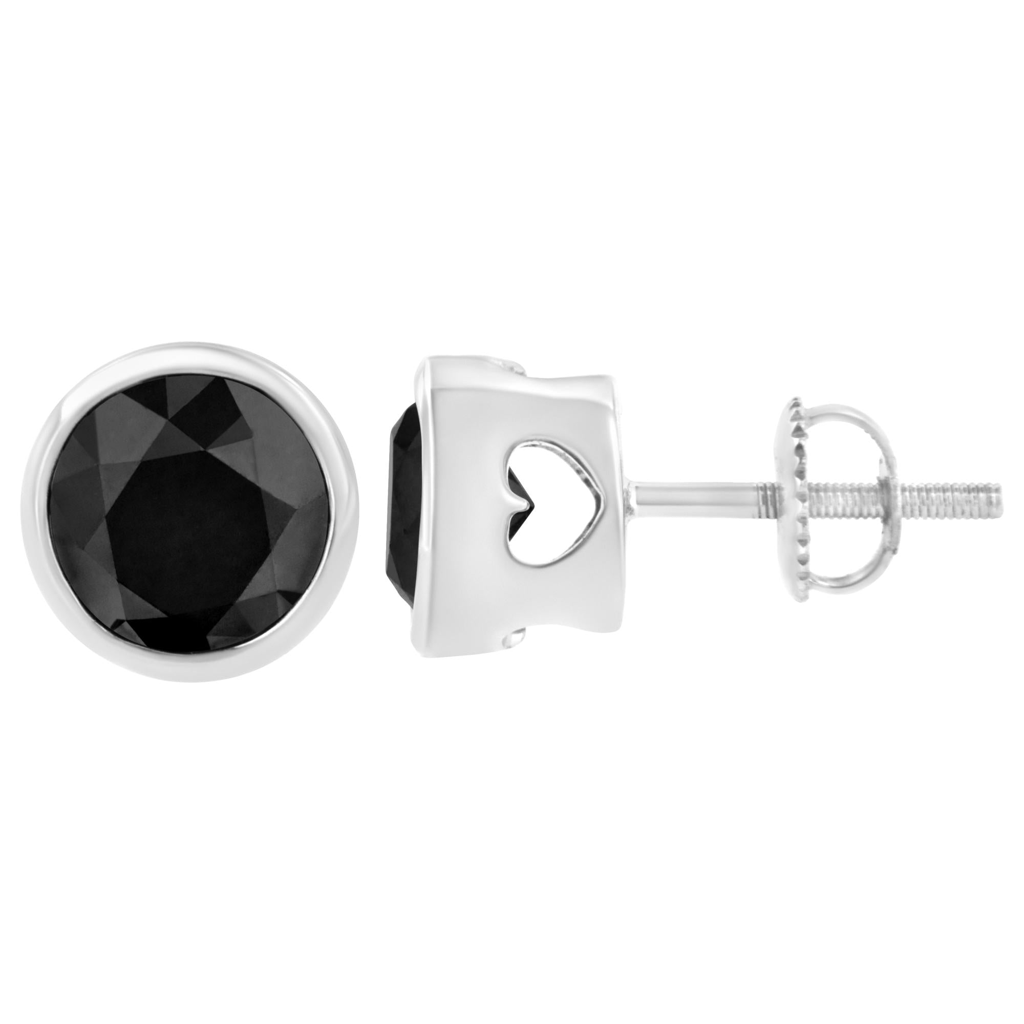 Aretes de plata de ley 925 con diamantes negros redondos de talla brillante, engastados en bisel y cierre de rosca (color elegante, claridad I2-I3) - Friggin Jewelry