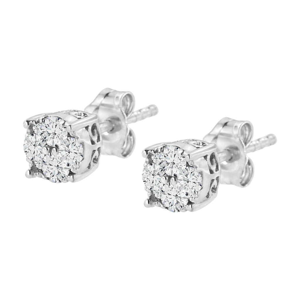 .925 Sterling Silver 1/2 cttw Prong Set Round-Cut Diamond Cluster Stud Earring (I-J Color, I2-I3 Clarity) - Friggin Jewelry