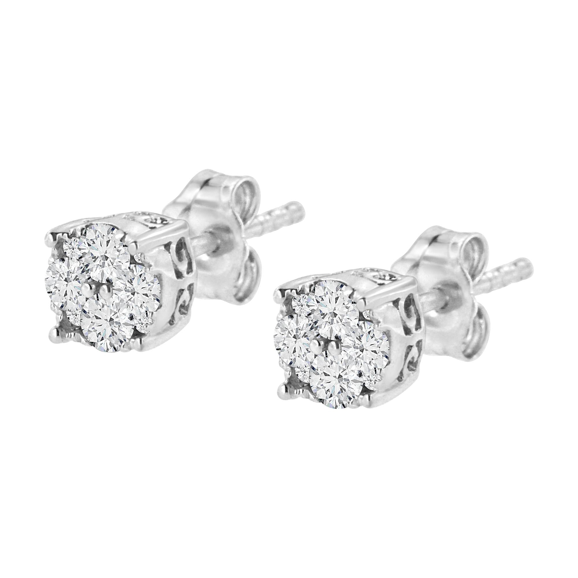 .925 Sterling Silver 1/2 cttw Prong Set Round-Cut Diamond Cluster Stud Earring (I-J Color, I2-I3 Clarity) - Friggin Jewelry
