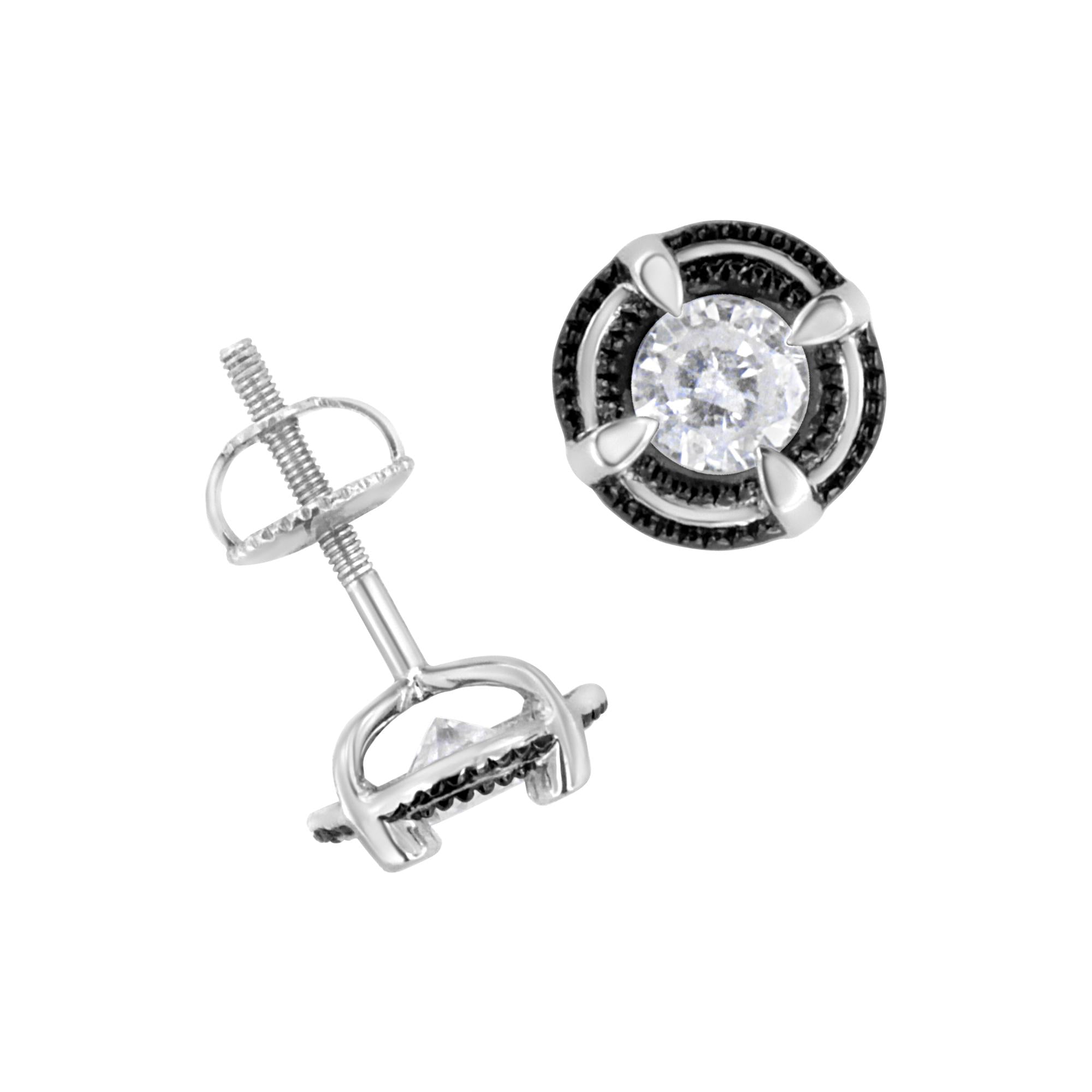 Black Rhodium Plated .925 Sterling Silver Round Diamond Double Halo 4-Prong Solitaire Milgrain Stud Earrings - Friggin Jewelry