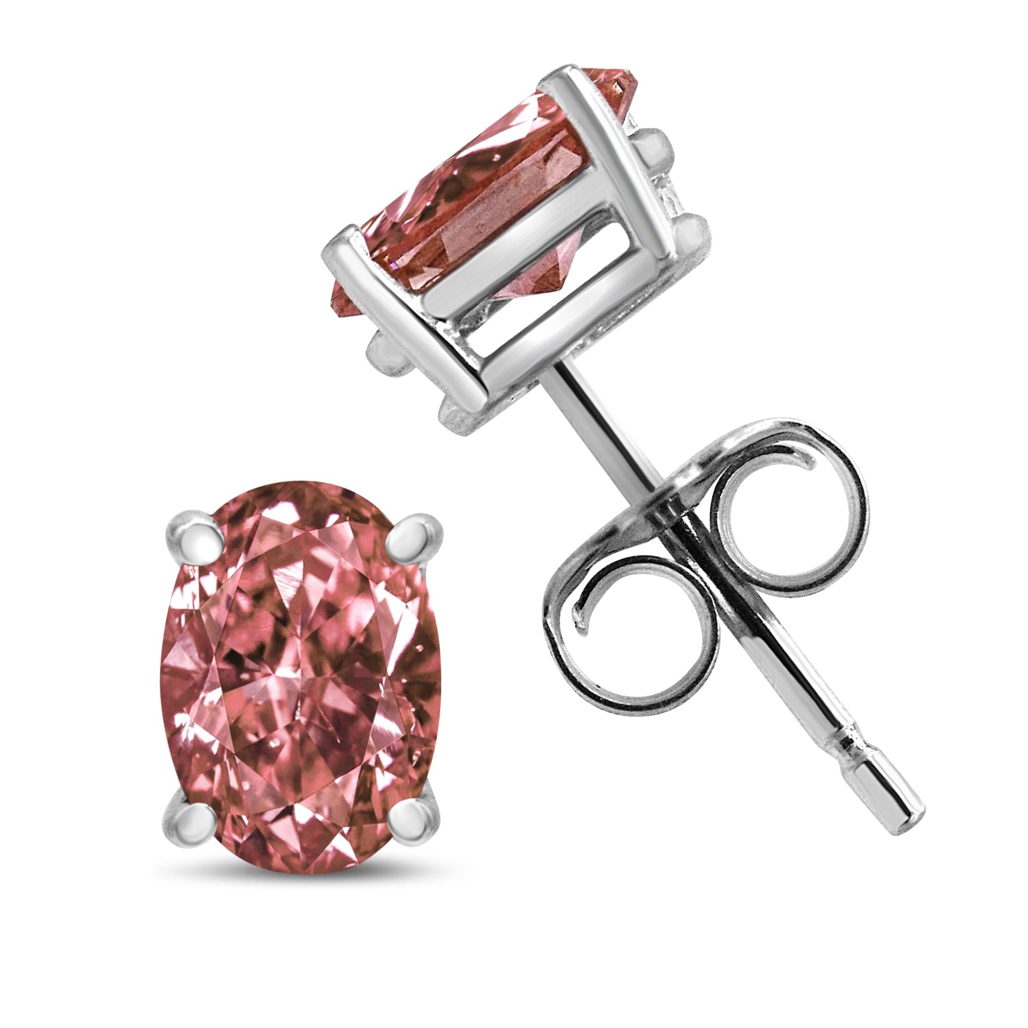 Aretes solitarios de diamantes clásicos ovalados rosados ​​cultivados en laboratorio en oro blanco de 14 quilates con engaste de 4 puntas (color rosa, claridad VS2-SI1) - Friggin Jewelry