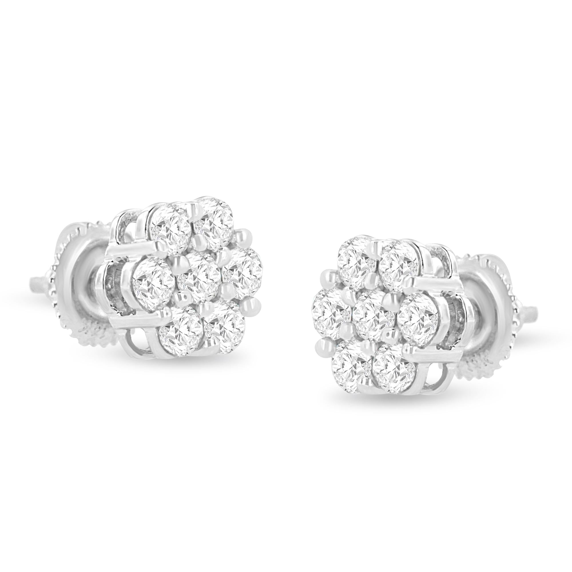 Aretes florales de diamantes de talla redonda engastados en garras de oro blanco de 14 quilates de 1,0 quilates (color HI, claridad I1-I2) - Friggin Jewelry