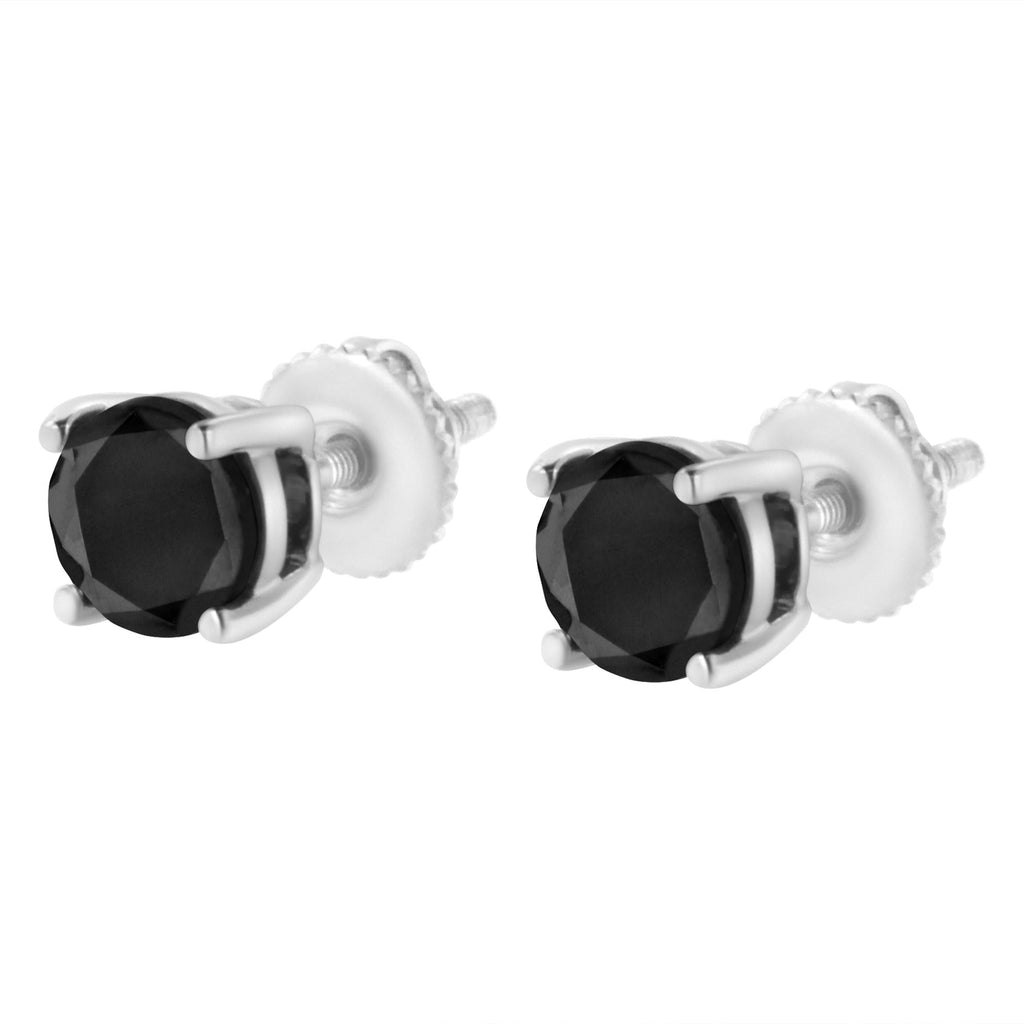 .925 Sterling Silver Round Brilliant-Cut Black Diamond Classic 4-Prong Stud Earrings with Screw Backs (Fancy Color-Enhanced, I2-I3 Clarity) - Friggin Jewelry