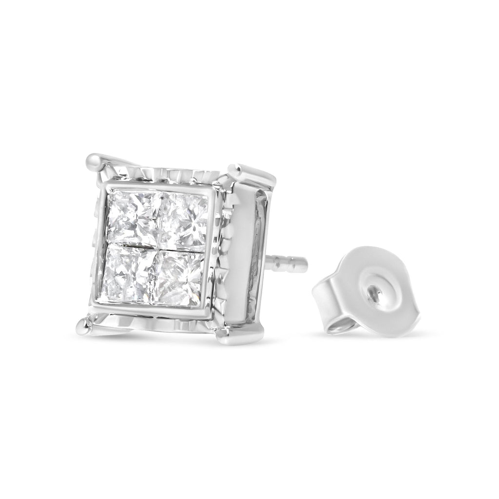14K White Gold 1 1/2 Cttw Invisible Set Princess-Cut Diamond Contemporary Wavy Quad Stud Earrings (I-J Color, I1-I2 Clarity) - Friggin Jewelry Premium