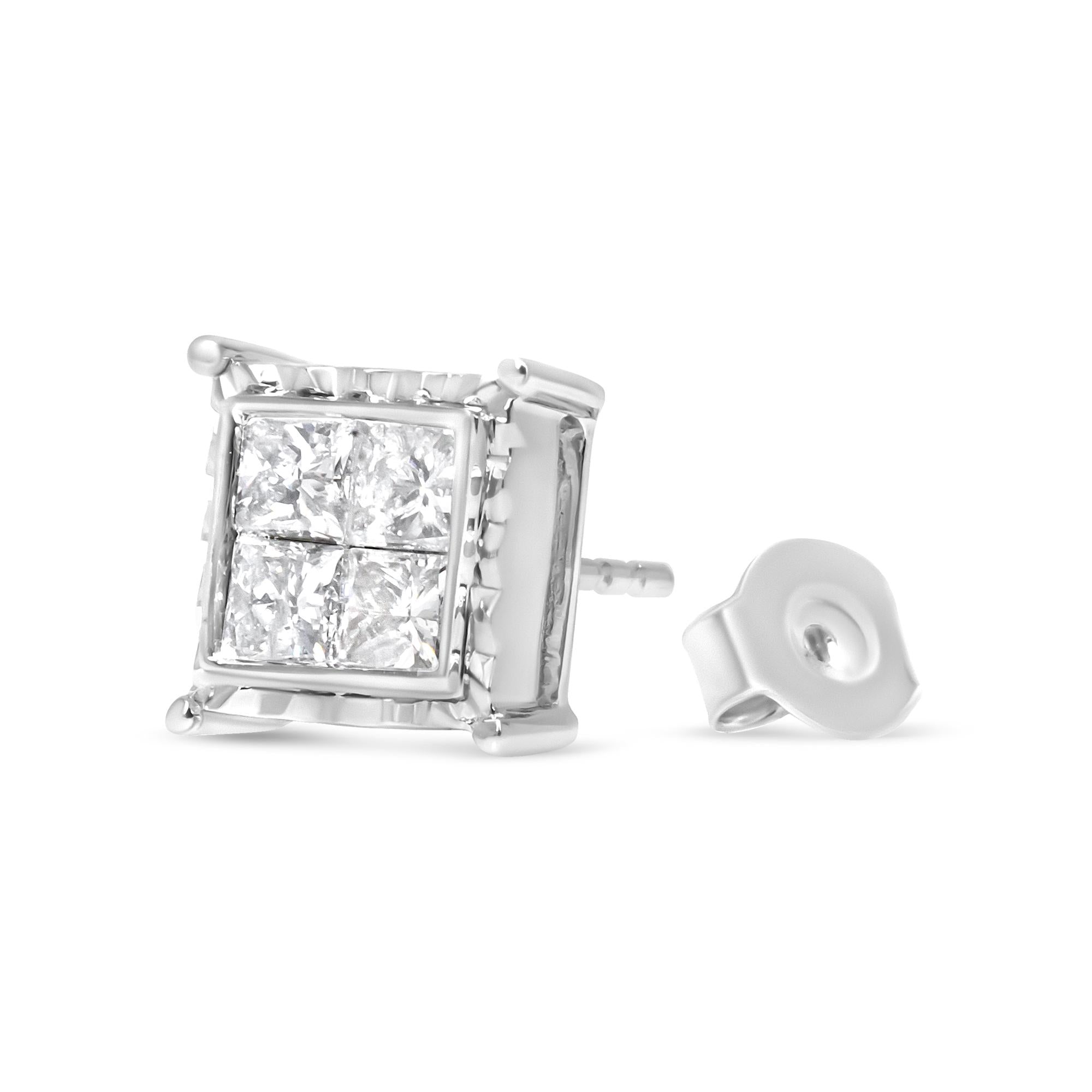 14K White Gold 2.00 Cttw Invisible Set Princess-Cut Lab Grown Diamond Wavy Quad Stud Earrings - Friggin Jewelry Premium