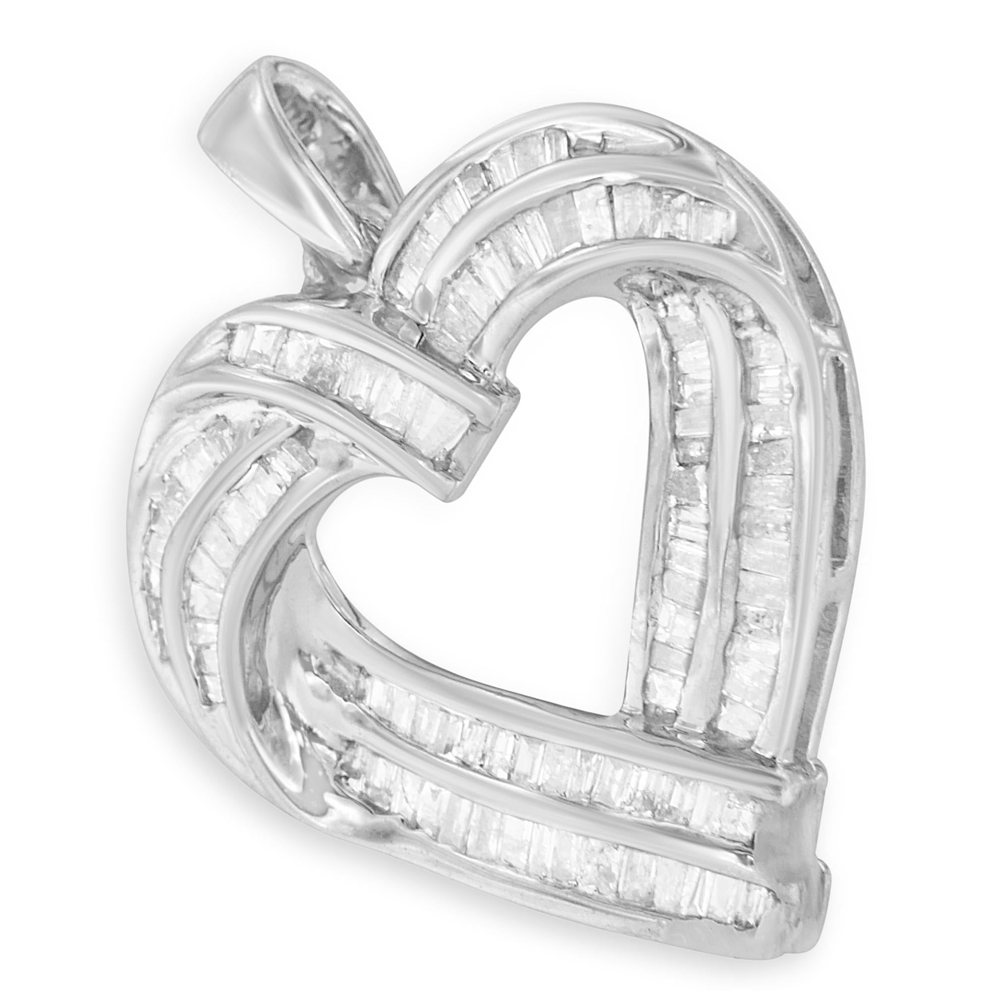 Sterling Silver 7/8 cttw Baguette Diamond Heart Pendant Necklace (I-J, I2-I3) - Friggin Jewelry