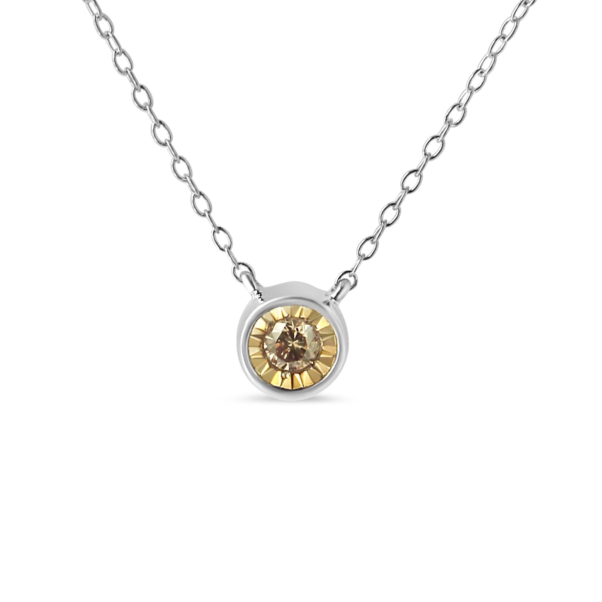 .925 Sterling Silver 1/5 Cttw Bezel Set Champagne Diamond Solitaire 18" Pendant Necklace (K-L Color, I1-I2 Clarity) - Friggin Jewelry