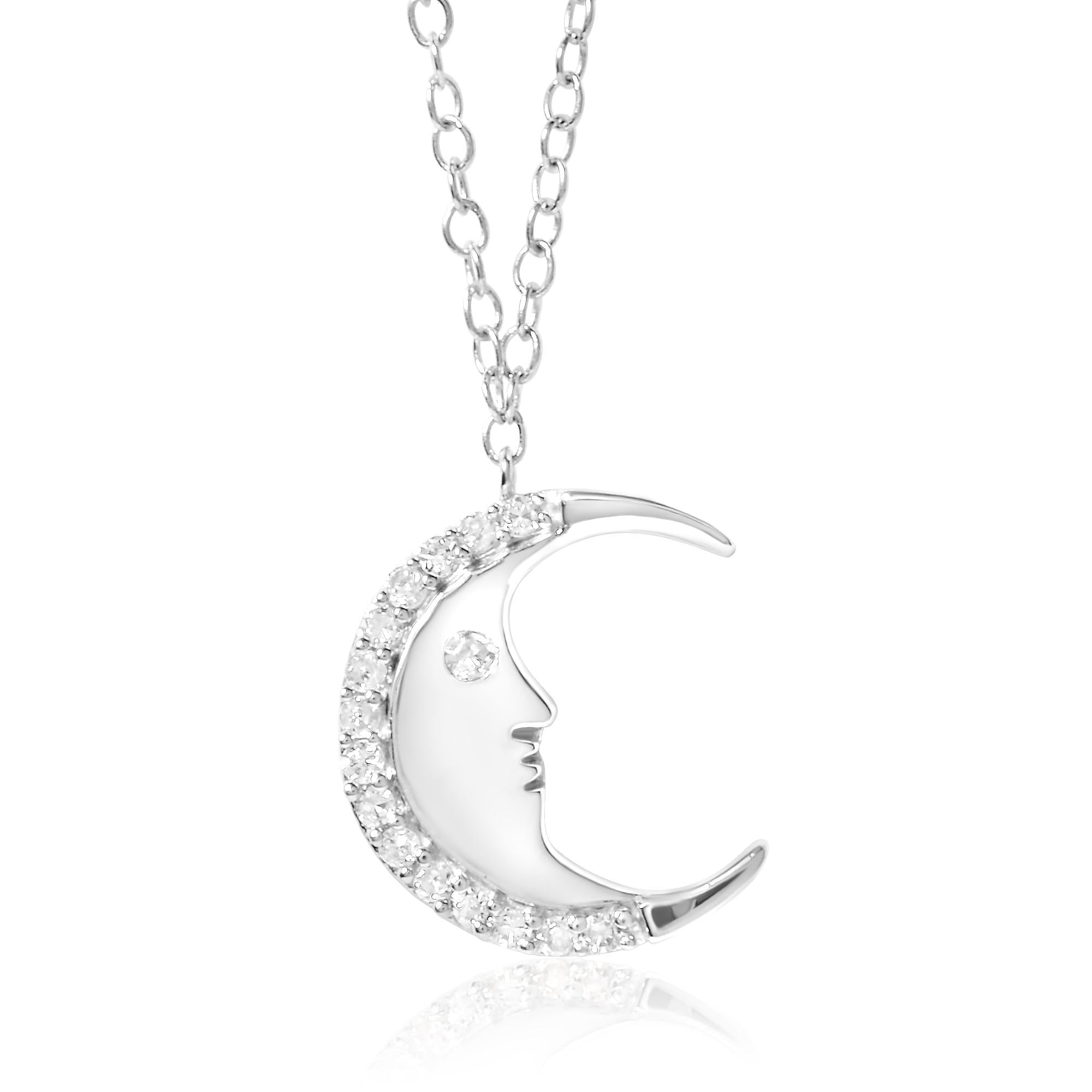 .925 Sterling Silver 1/10ct Diamond Crescent Man on the Moon 18" Pendant Necklace (H-I Color, SI1-SI2 Clarity) - Friggin Jewelry