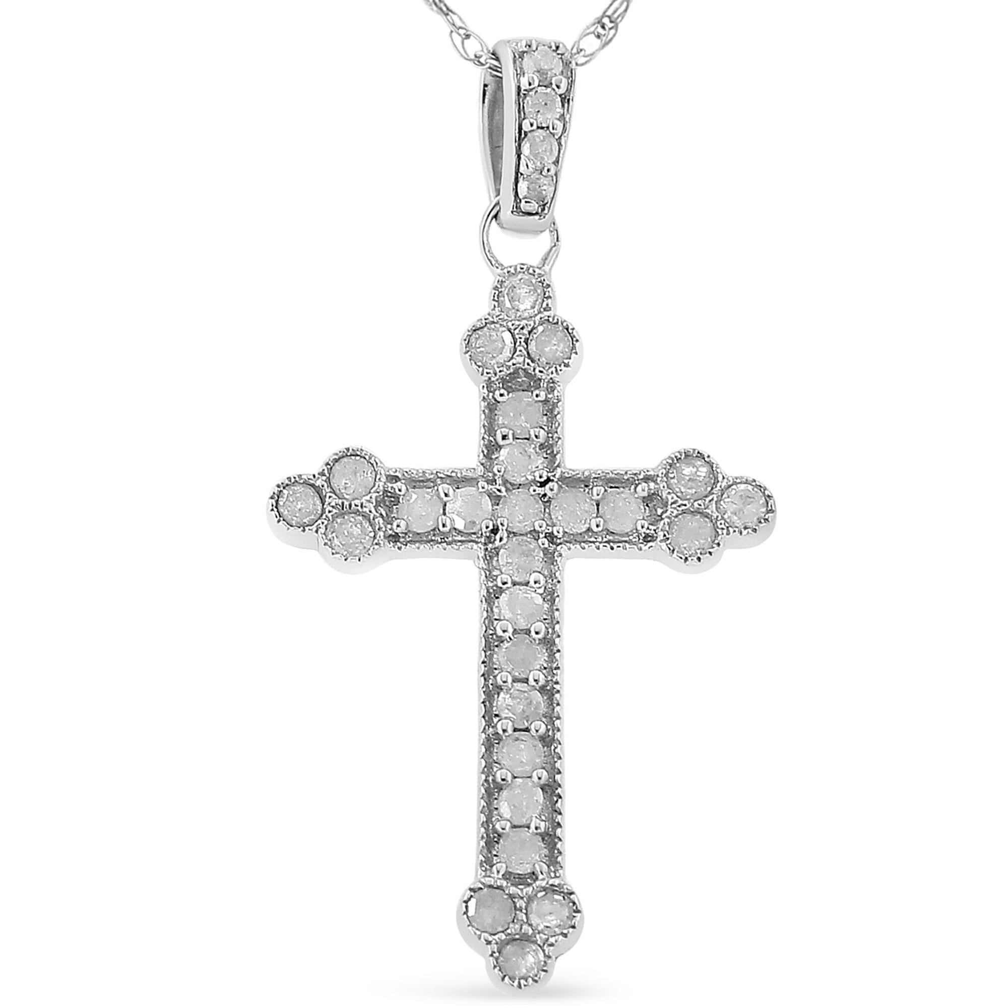 .925 Sterling Silver 1/4 Cttw Prong Set Round-Cut Diamond Cross 18" Pendant Necklace - (I-J Color, I3-Promo Quality) - Friggin Jewelry