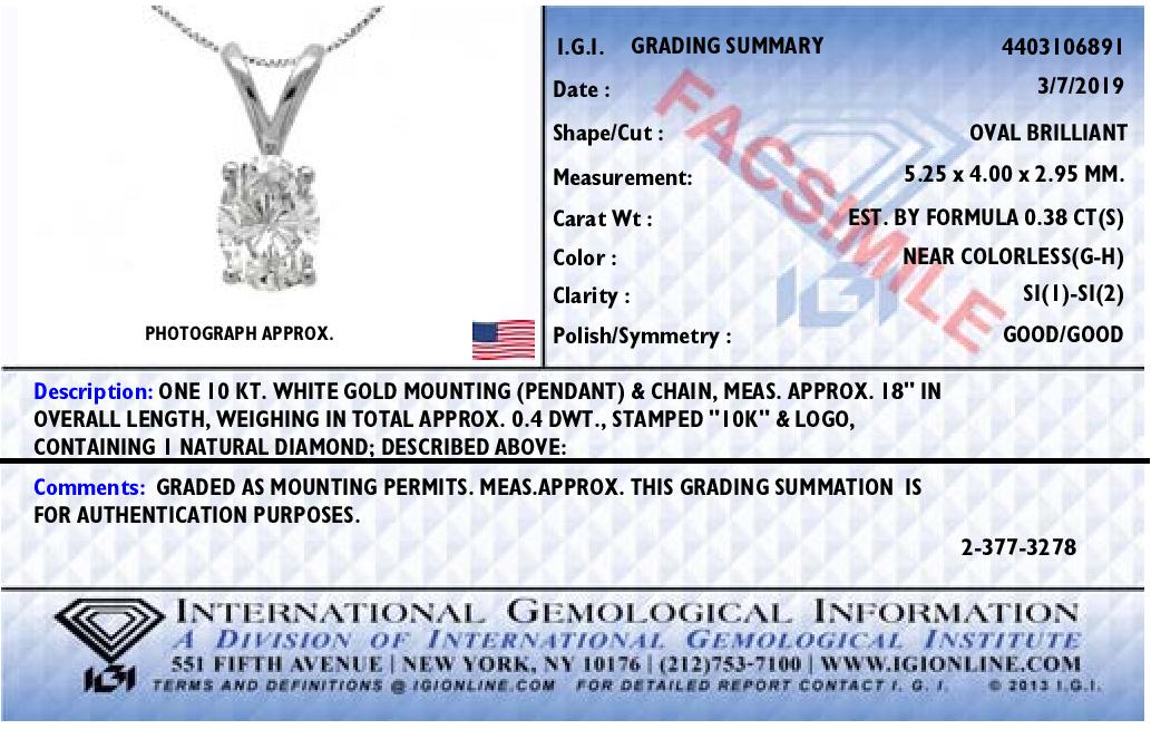 IGI Certified 10K White Gold 3/8 cttw Prong Set Diamond Oval Pendant Necklace (I-J Color, I1 Clarity) - Size 18" - Friggin Jewelry