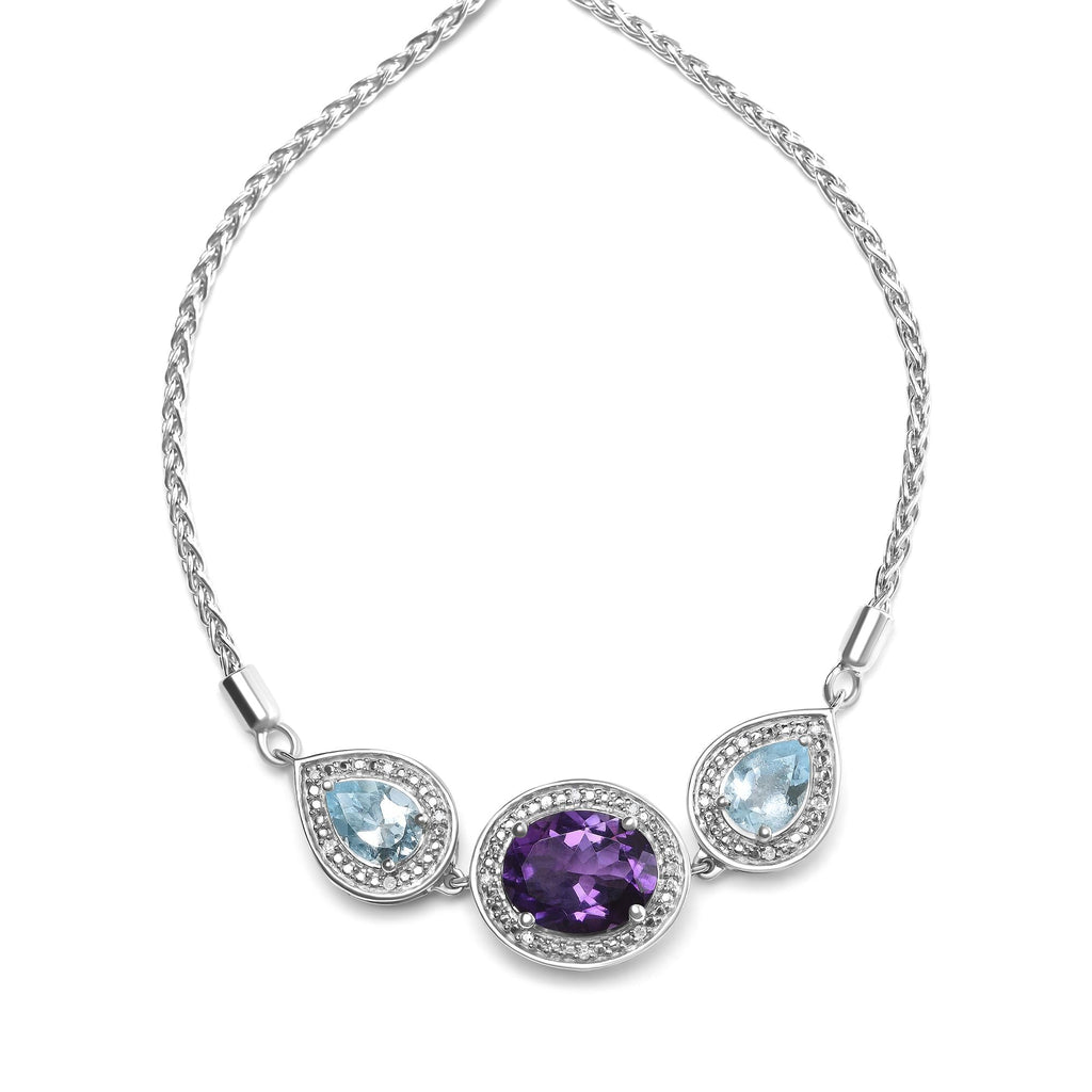 Pulsera bolo ajustable de plata de ley 925 con amatista ovalada y topacio azul pera, con detalle de diamante, de 10 a 25 cm (color HI, claridad SI1-SI2) - Friggin Jewelry