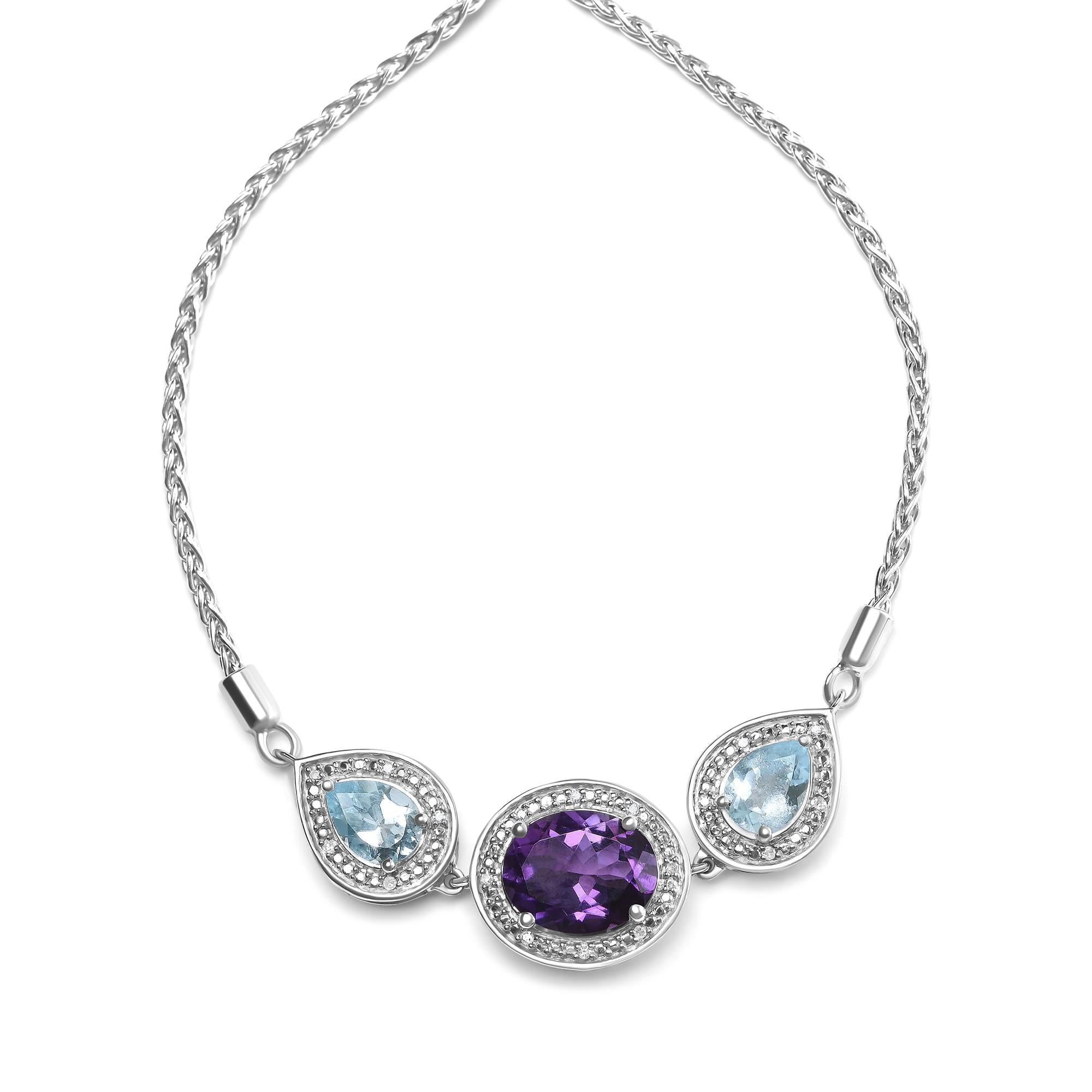 Pulsera bolo ajustable de plata de ley 925 con amatista ovalada y topacio azul pera, con detalle de diamante, de 10 a 25 cm (color HI, claridad SI1-SI2) - Friggin Jewelry