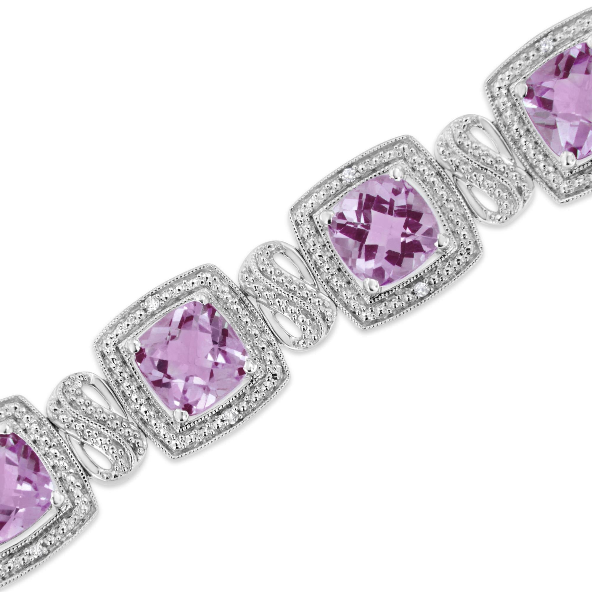 Pulsera de tenis de plata de ley 925 de 7 x 7 mm con amatista morada de talla cojín y 1/10 ct de diamante redondo de forma cuadrada (color IJ, claridad I1-I2) - 18 cm - Friggin Jewelry