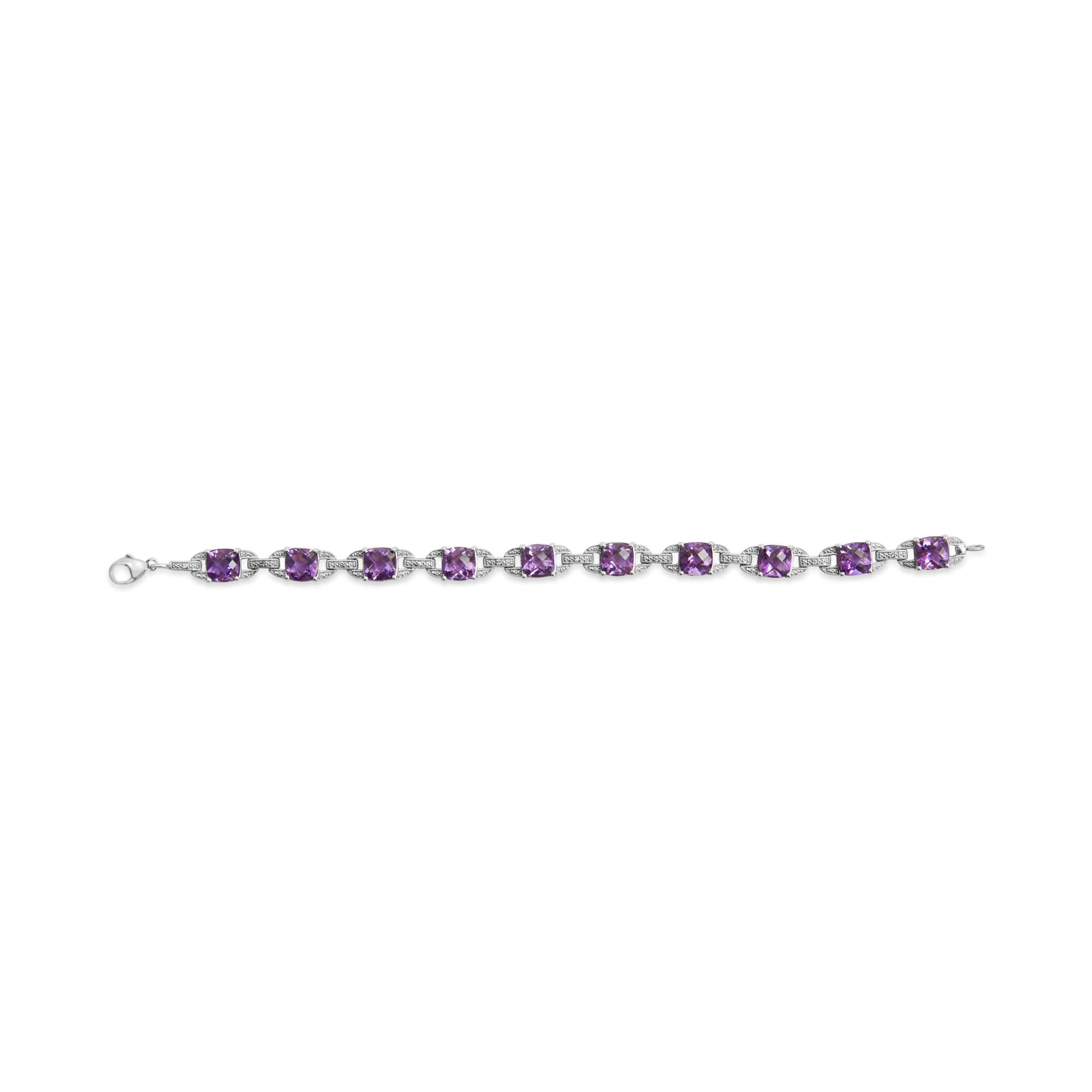 .925 Sterling Silver 7mm Cushion Cut Amethyst Gemstone and Diamond Tennis Link Bracelet (I-J Color, I1-I2 Clarity) - Size 7" - Friggin Jewelry