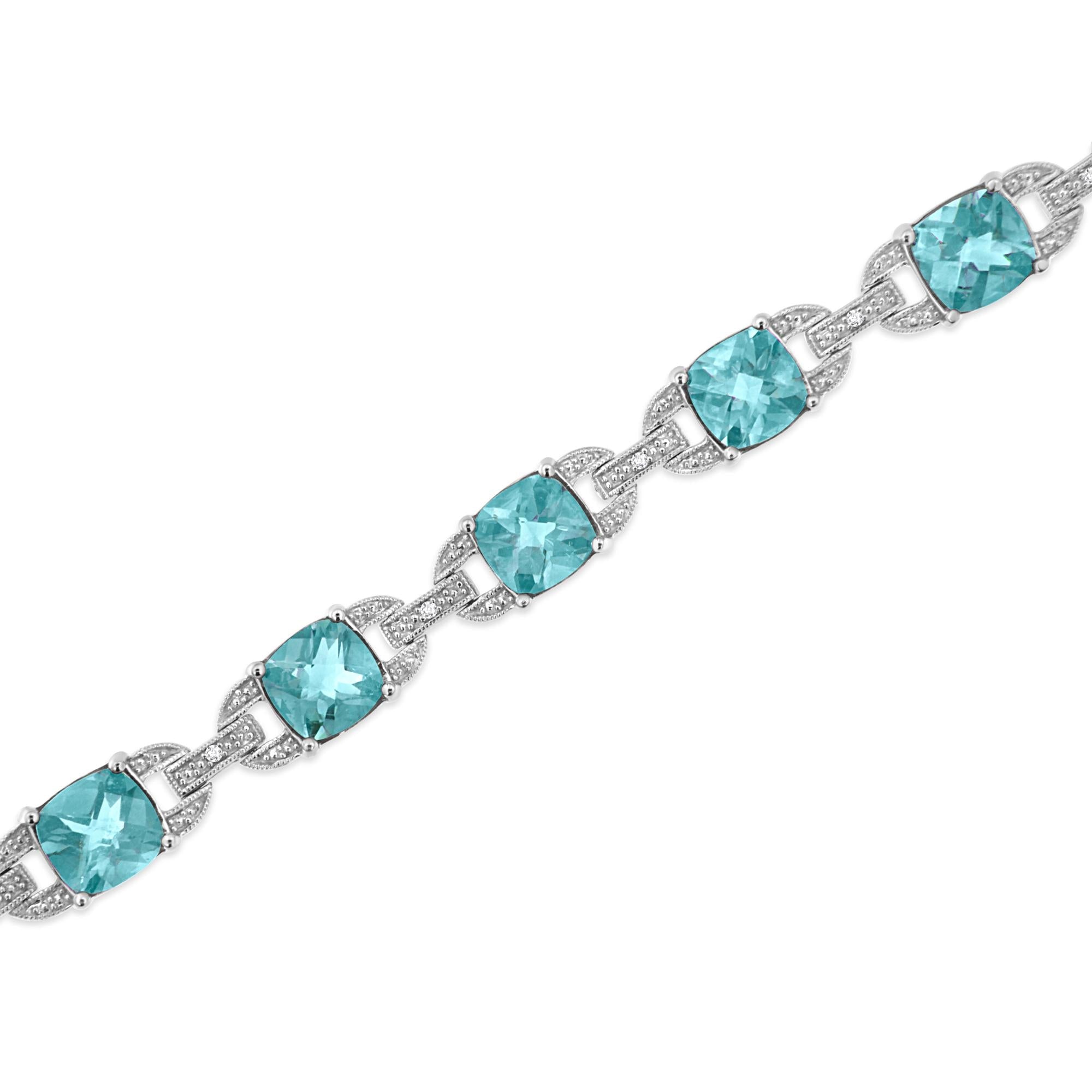 .925 Sterling Silver 7x7 mm Cushion Cut Blue Topaz and 1/20 cttw Round Cut Diamond Fashion Tennis Bracelet (I-J Color, I1-I2 Clarity) - 7" - Friggin Jewelry