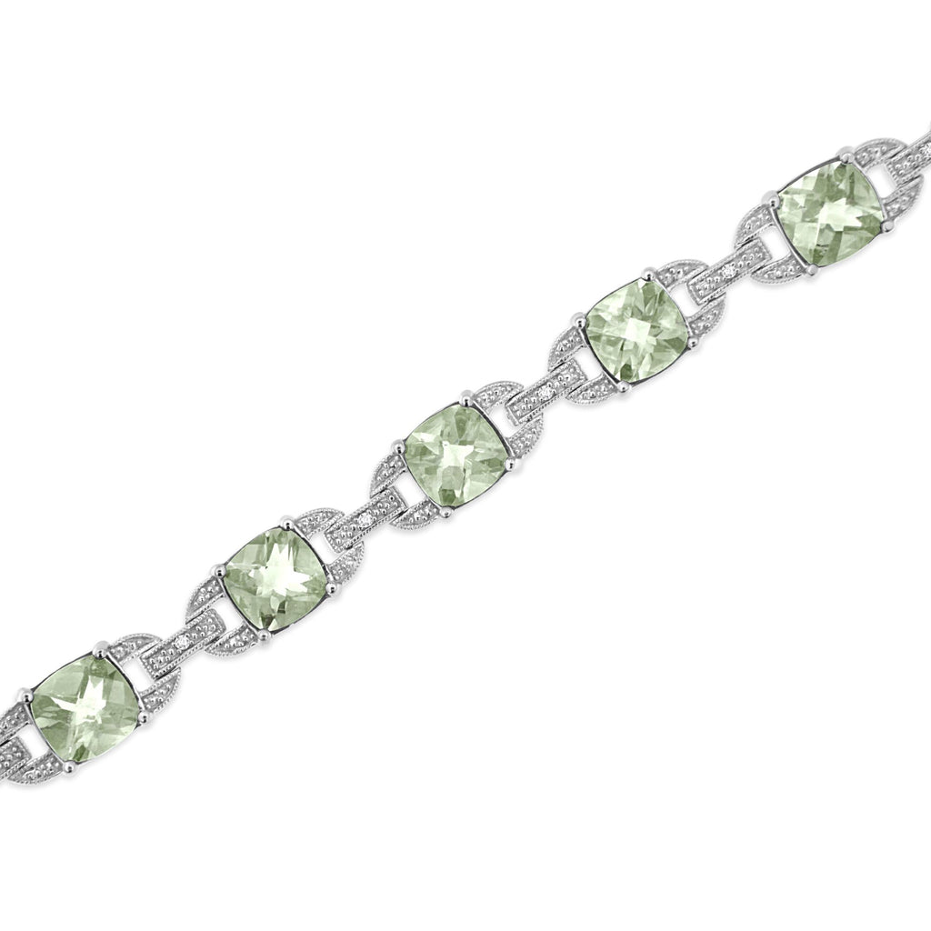Pulsera de tenis de moda en plata de ley 925 con amatista verde de talla cojín de 7 x 7 mm y diamantes redondos de 1/20 ct (color IJ, claridad I1-I2) - 18 cm - Friggin Jewelry