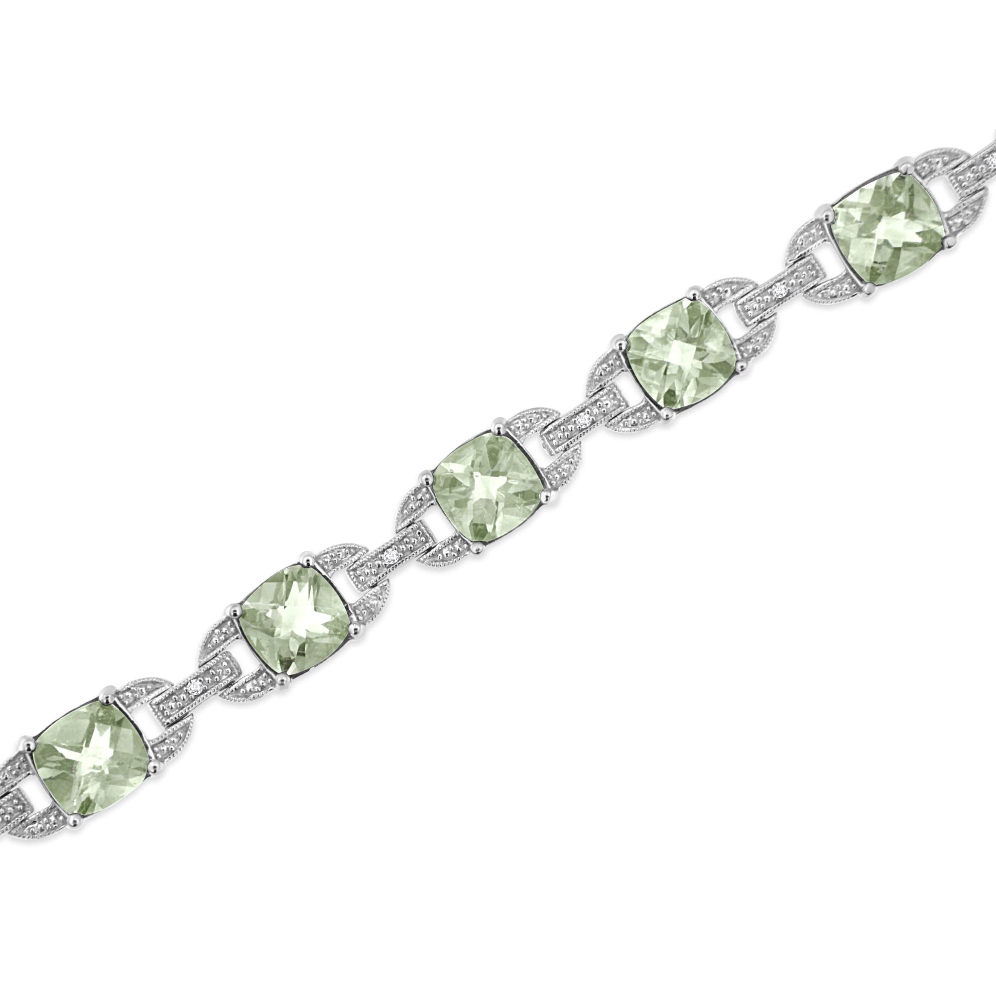 .925 Sterling Silver 7x7 mm Cushion Cut Green Amethyst and 1/20 cttw Round Cut Diamond Fashion Tennis Bracelet (I-J Color, I1-I2 Clarity) - 7" - Friggin Jewelry