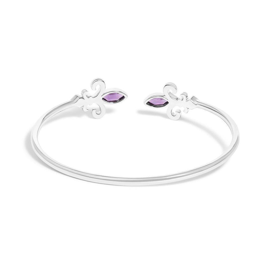 .925 Sterling Silver 8X4MM Marquise Purple Amethyst and Diamond Accent Fleur Di Lis Open Cuff Bangle (I-J Color, I1-I2 Clarity) - 7" - Friggin Jewelry