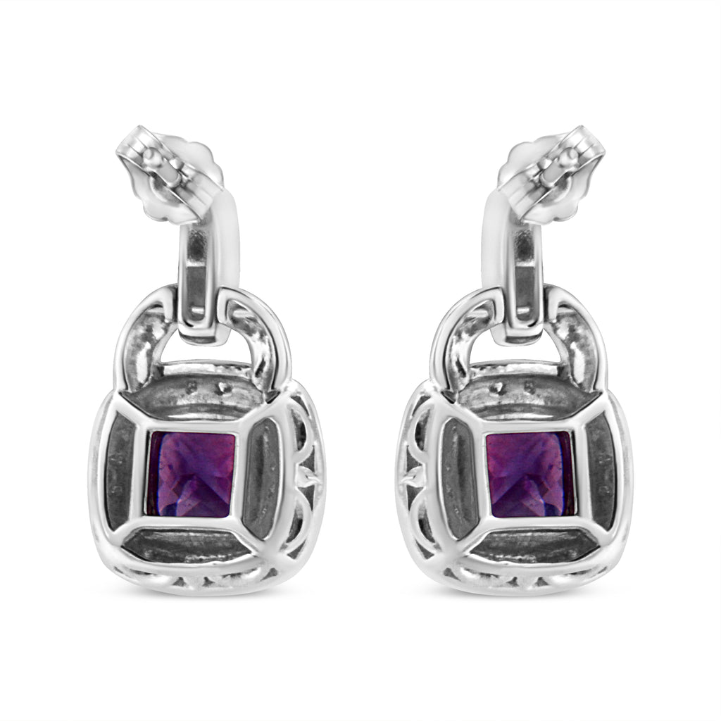 .925 Sterling Silver 8MM Natural Cushion Shaped Amethyst and Diamond Accent Halo with Push Back Dangle Earrings (I-J Color, I2-I3 Clarity) - Friggin Jewelry