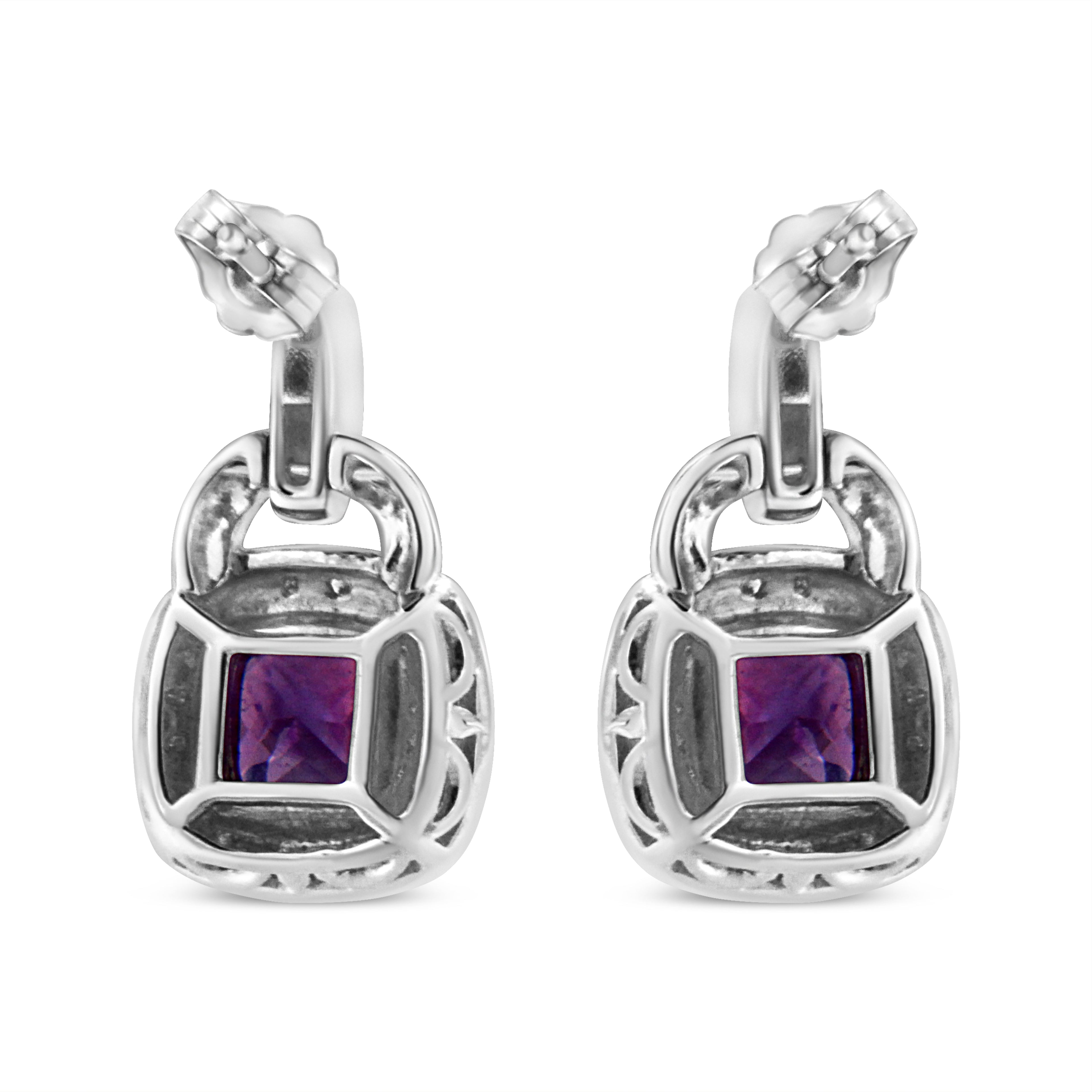 .925 Sterling Silver 8MM Natural Cushion Shaped Amethyst and Diamond Accent Halo with Push Back Dangle Earrings (I-J Color, I2-I3 Clarity) - Friggin Jewelry