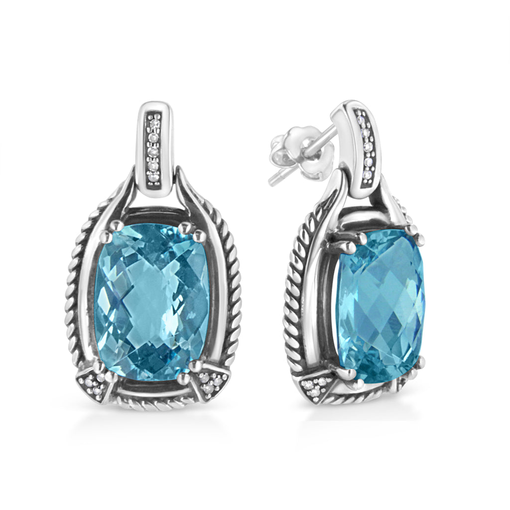 .925 Sterling Silver 14x10MM Cushion Cut Blue Topaz Gemstone and Diamond Accent Dangle Earring (I-J Color, I1-I2 Clarity) - Friggin Jewelry