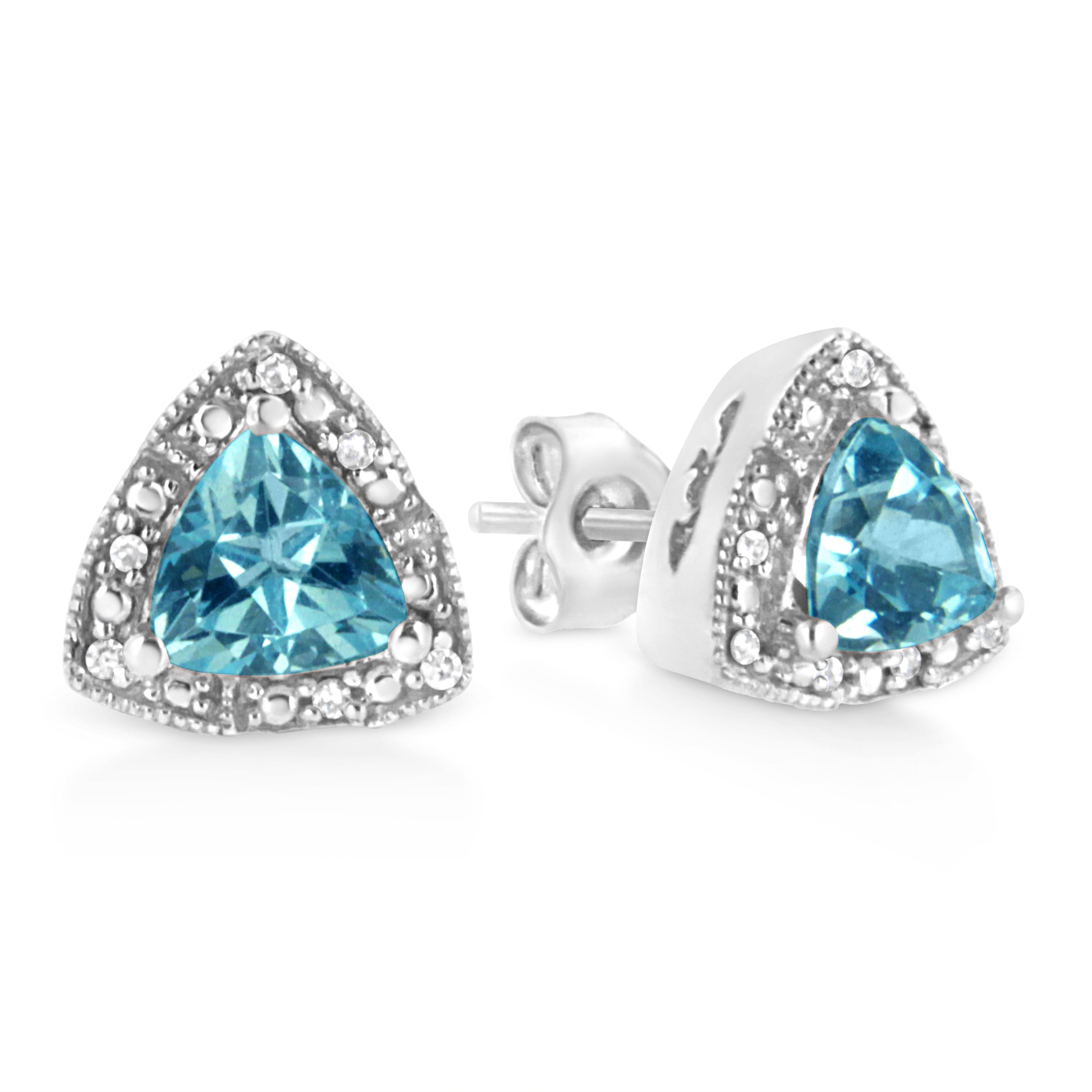 .925 Sterling Silver 6x6 mm Trillion Cut Blue Topaz Gemstone and Diamond Accent Stud Earring (I-J Color, I1-I2 Clarity) - Friggin Jewelry