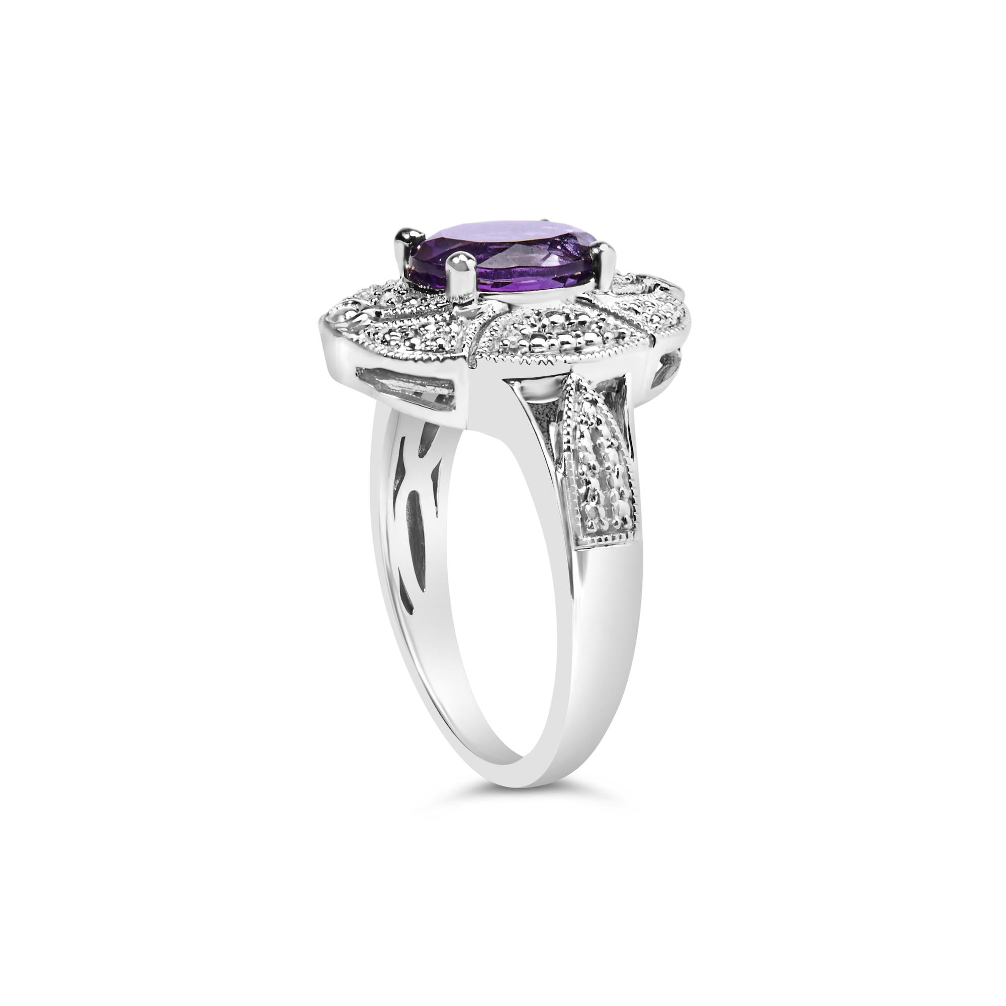 .925 Sterling Silver 9x7mm Oval Purple Amethyst and Round Diamond Accent Fashion Cocktail Ring (I-J Color, I1-I2 Clarity) - Friggin Jewelry